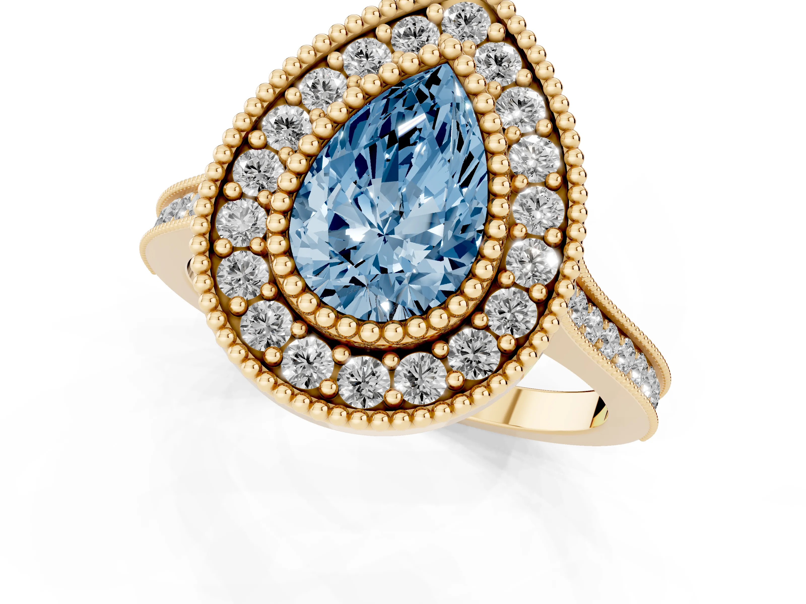 Fancy Blue Pear Cut Diamond Halo Ring Set in Yellow gold with Milgrain Frame and Pavé Band