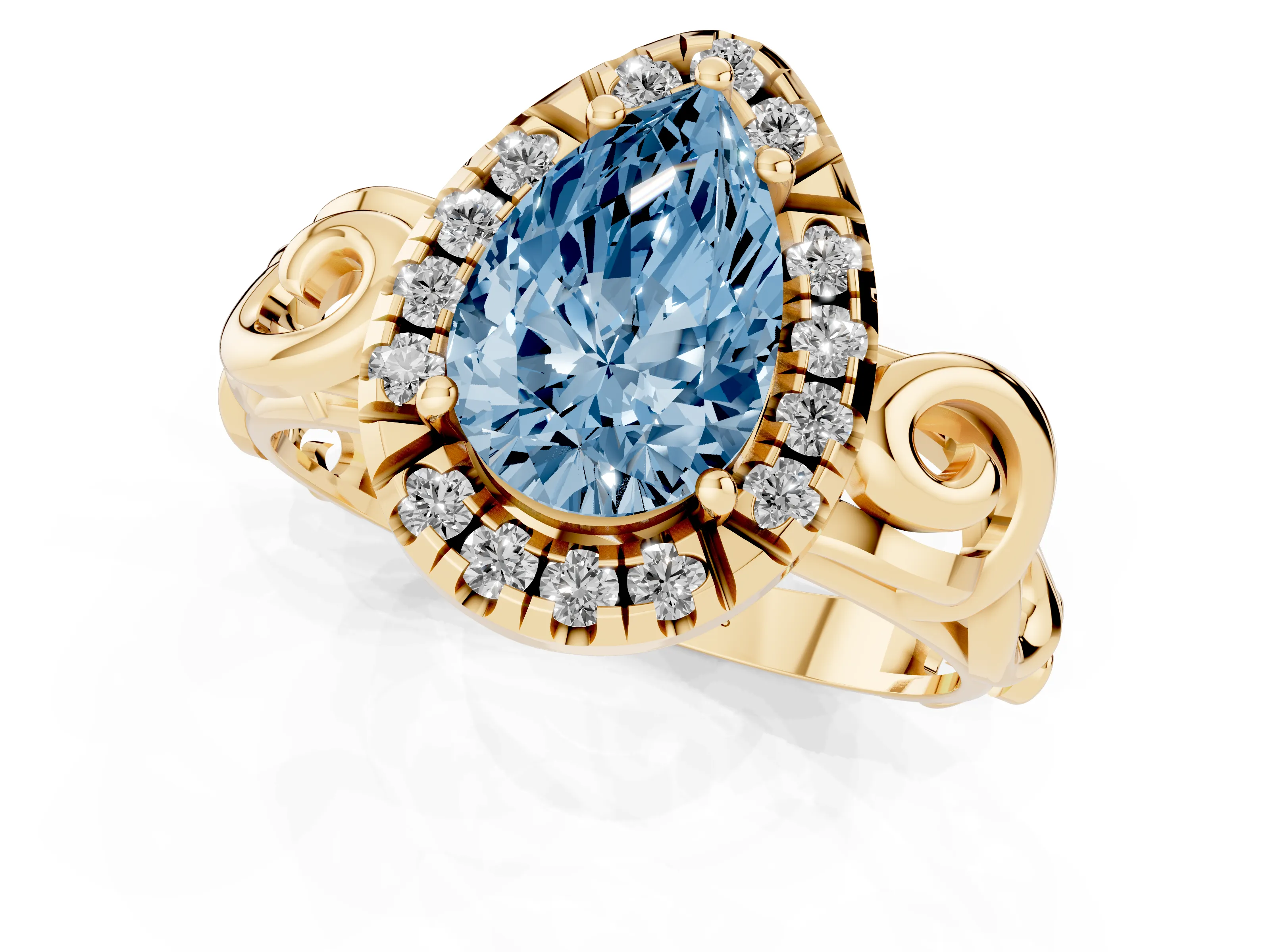 Fancy Blue Pear Cut Diamond Halo Ring Set in Yellow gold with Scrollwork Band and Prong Setting