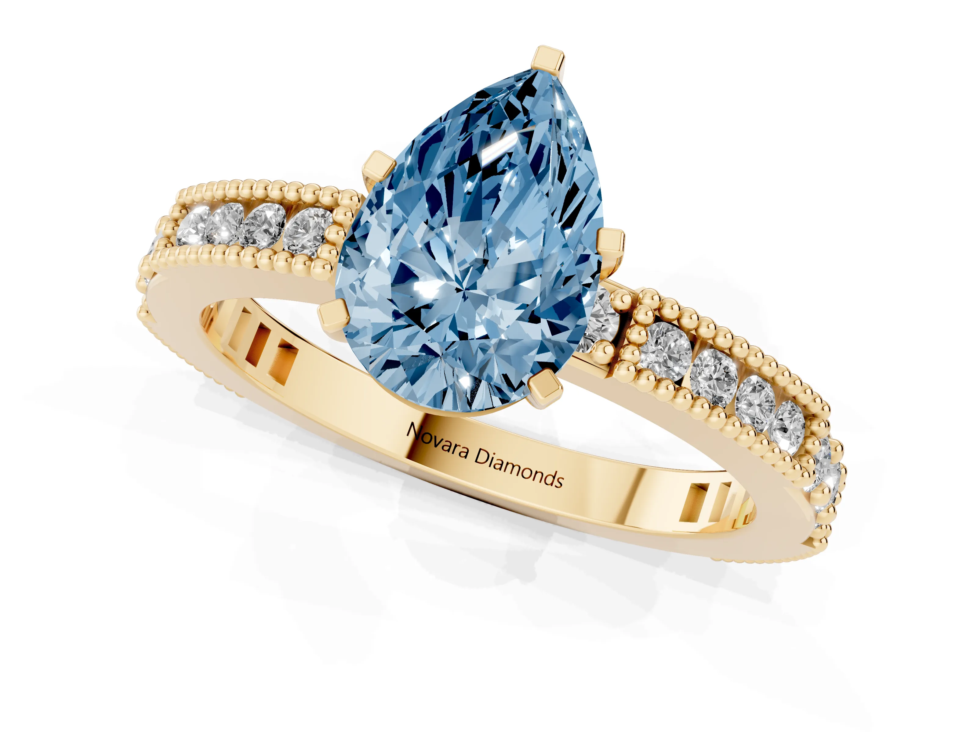 Fancy Blue Pear Cut Diamond Solitaire Ring Set in Yellow gold with Slim Pavé Band and Prong Setting