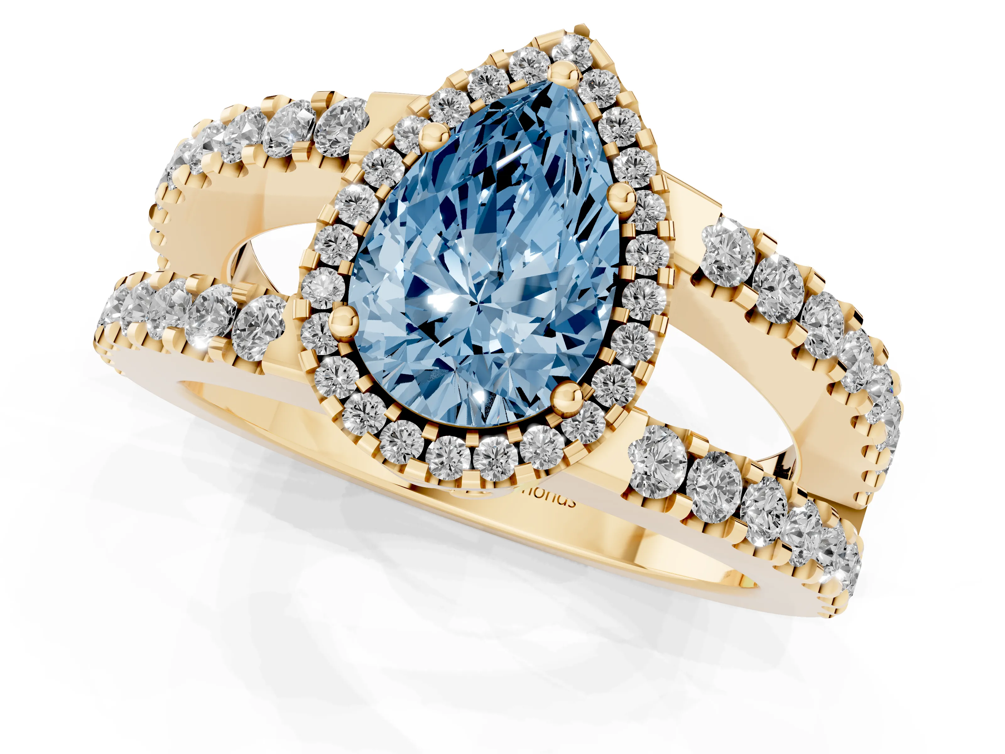 Fancy Blue Pear Cut Diamond Halo Ring Set in Yellow gold with Pavé Split Shank and Prong Setting