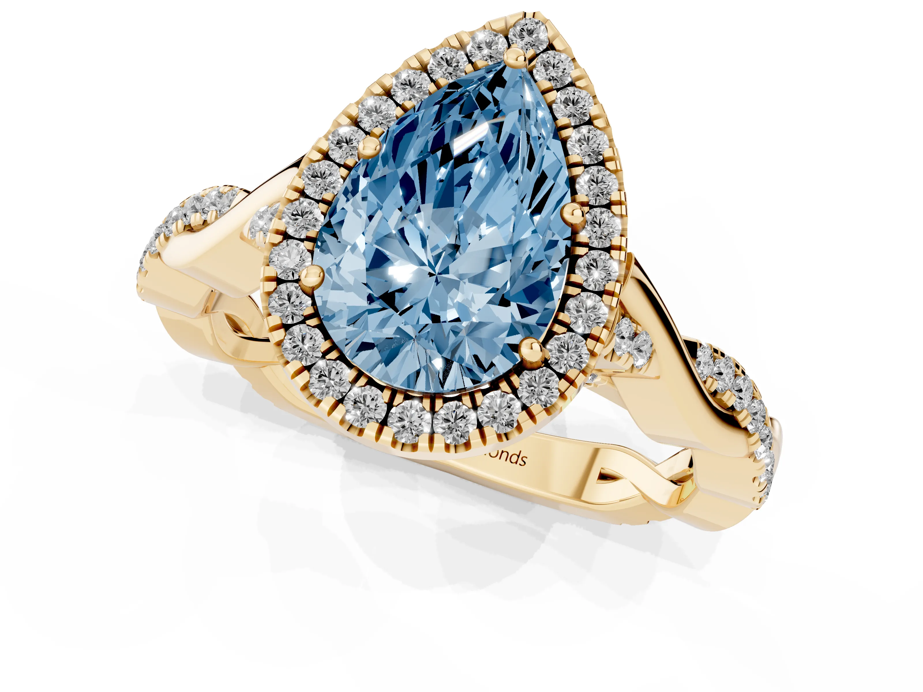 Fancy Blue Pear Cut Diamond Halo Twist Band Solitaire Ring Set in Yellow gold with Prong Setting