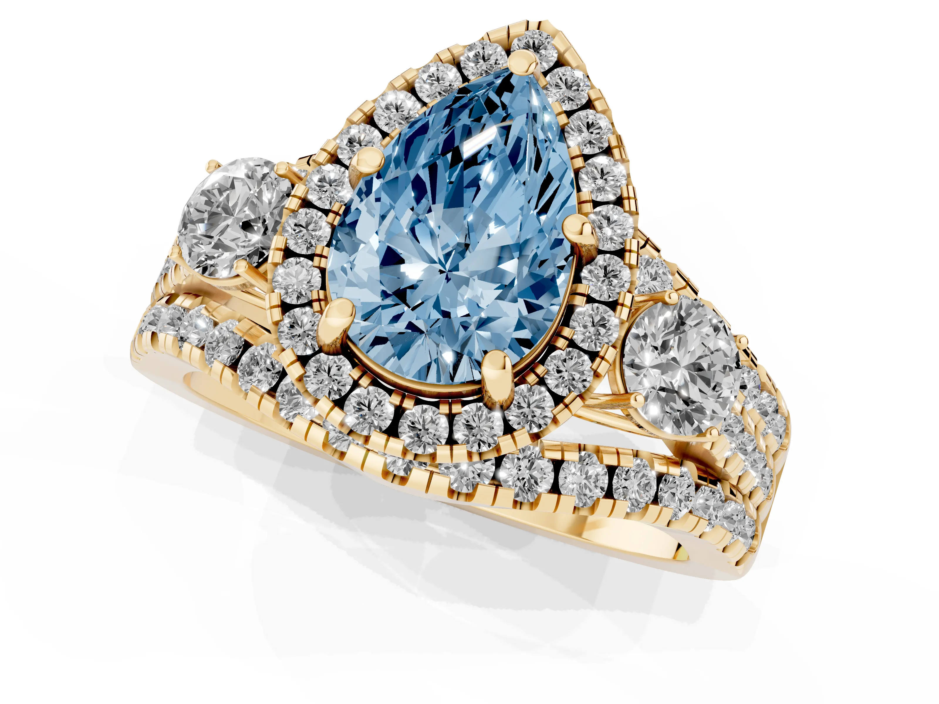 Fancy Blue Pear Cut Diamond Halo Split Shank Ring Set in Yellow gold with Round Accent Stones and Prong Setting