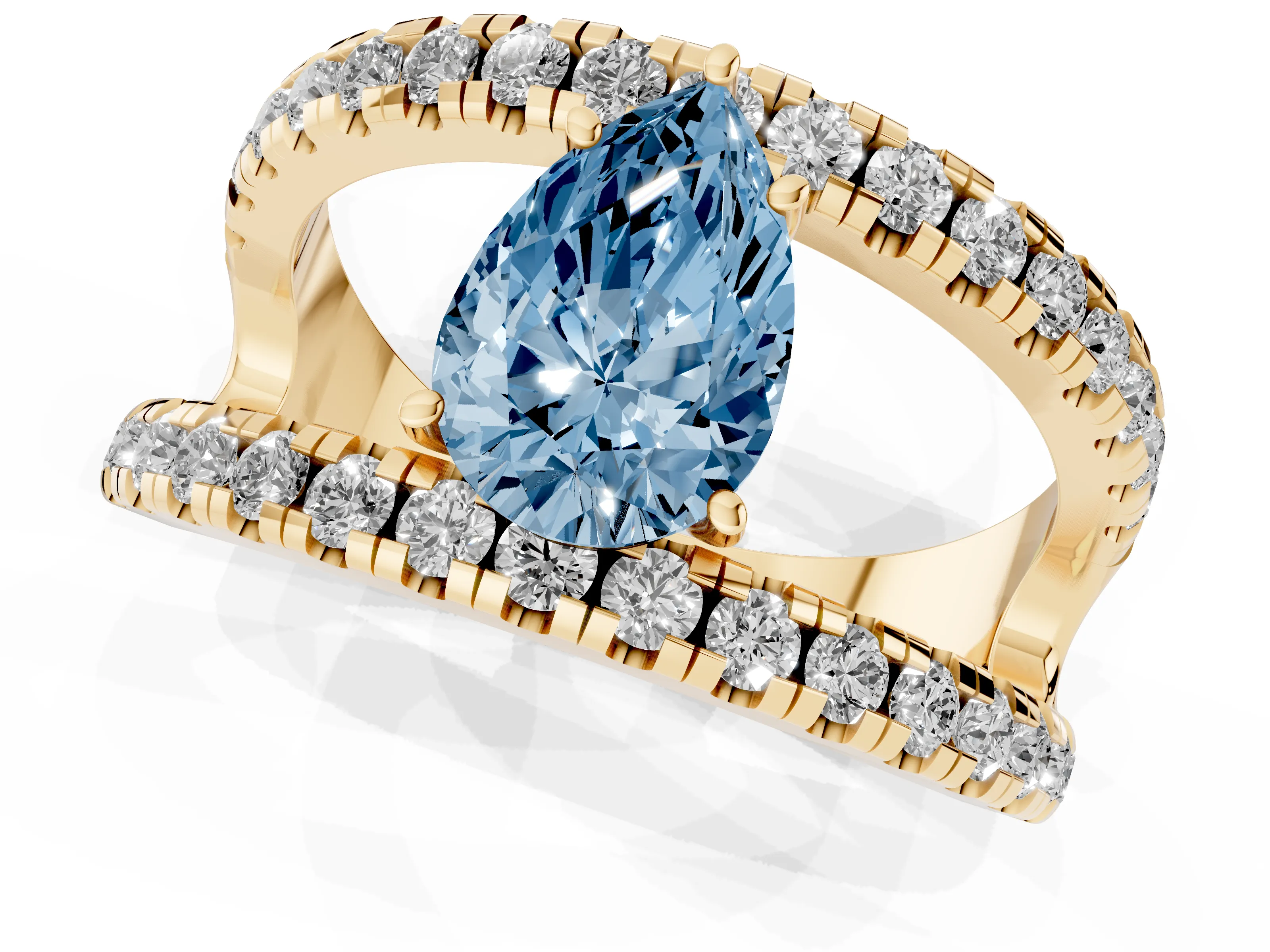 Fancy Blue Pear Cut Diamond Split Shank Pavé Solitaire Ring Set in Yellow gold with Open Shank Design