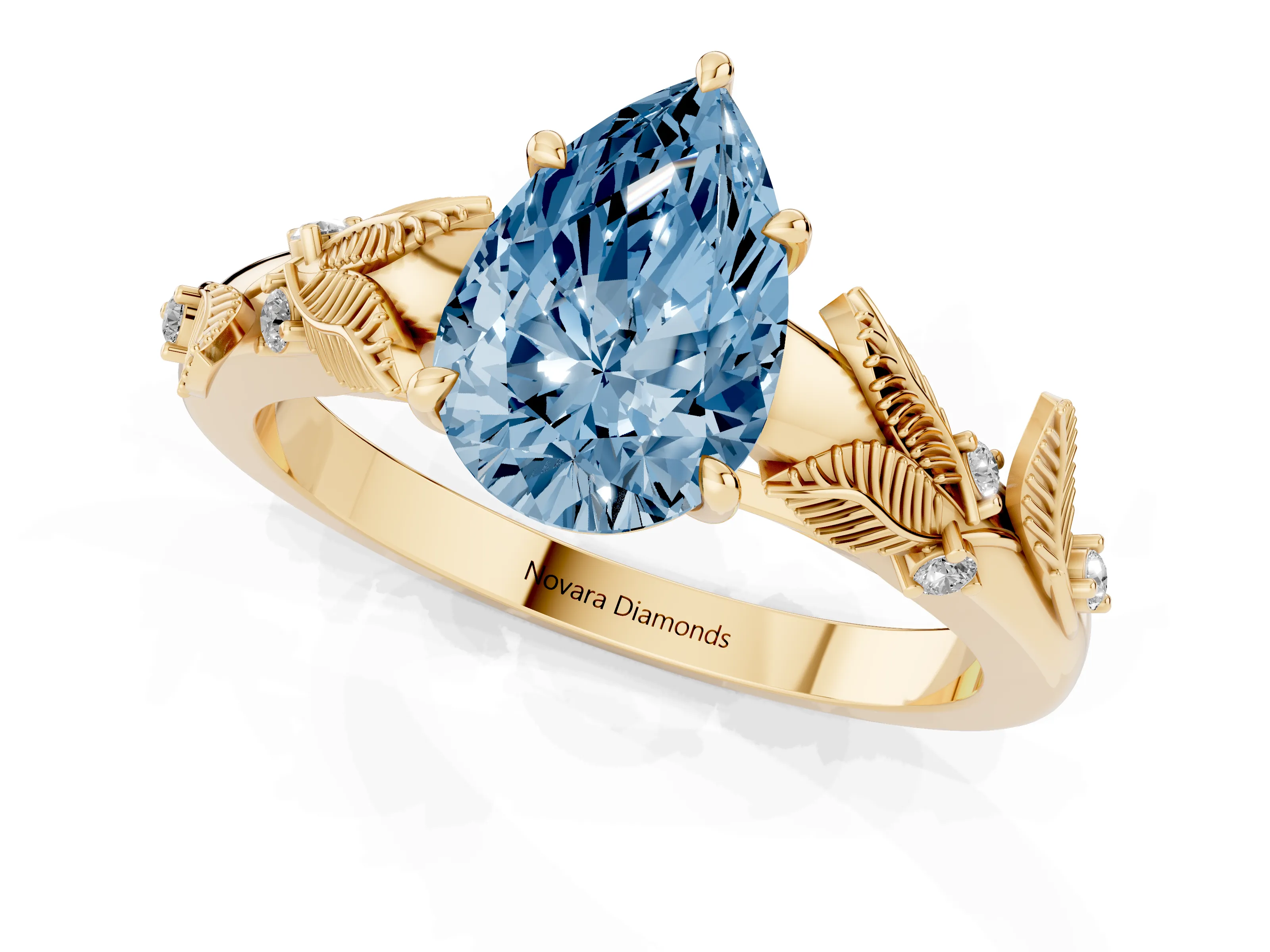Fancy Blue Pear Cut Diamond Solitaire Ring Set in Yellow gold with Leaf Motif Band