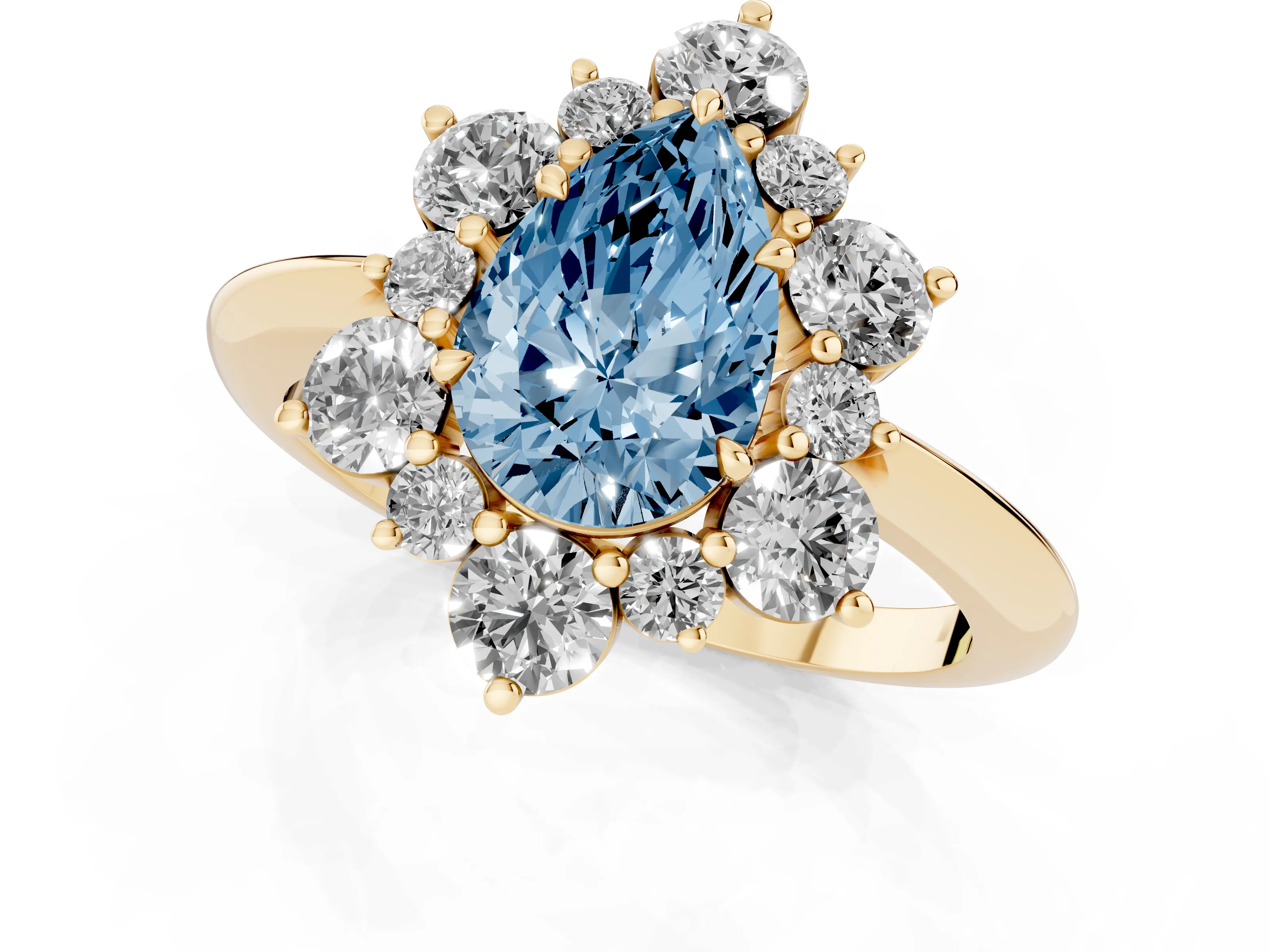 Fancy Blue Pear Cut Diamond Cluster Halo Ring Set in Yellow gold with Solitaire Band and Prong Setting