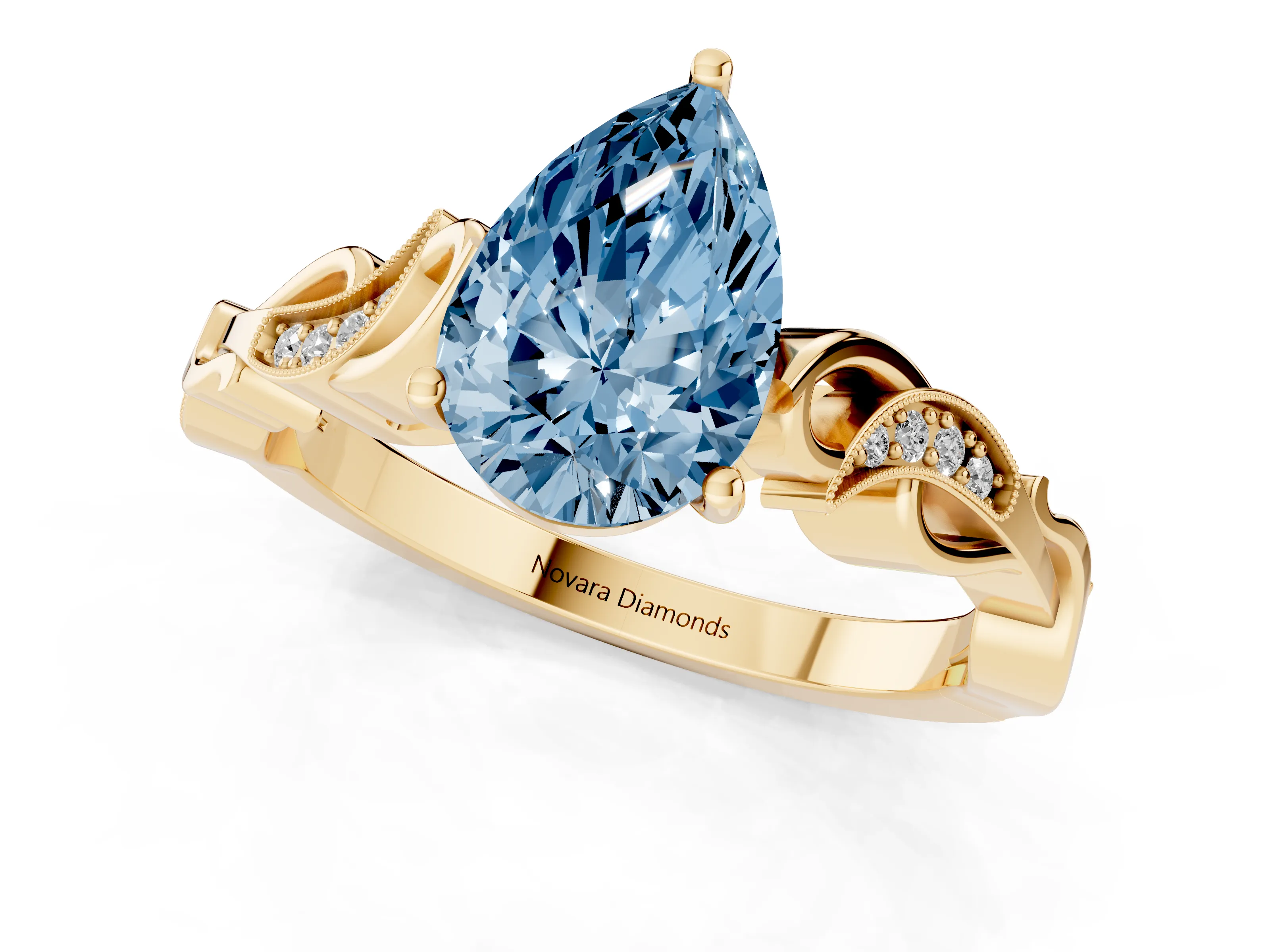 Fancy Blue Pear Cut Diamond Vine Band Solitaire Ring Set in Yellow gold with Milgrain Prong Setting