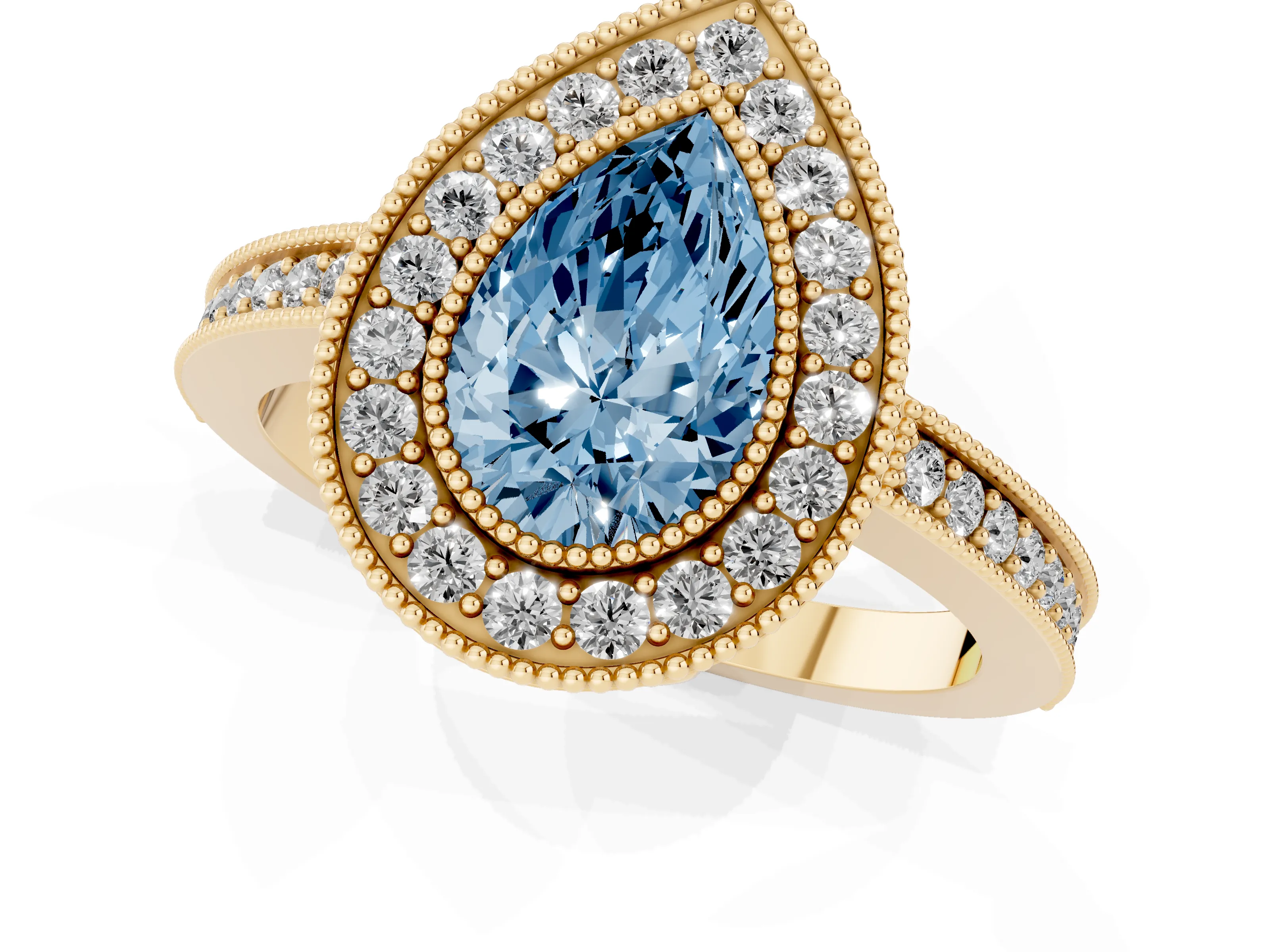 Fancy Blue Pear Cut Diamond Round Halo Ring Set in Yellow gold with Pavé Band