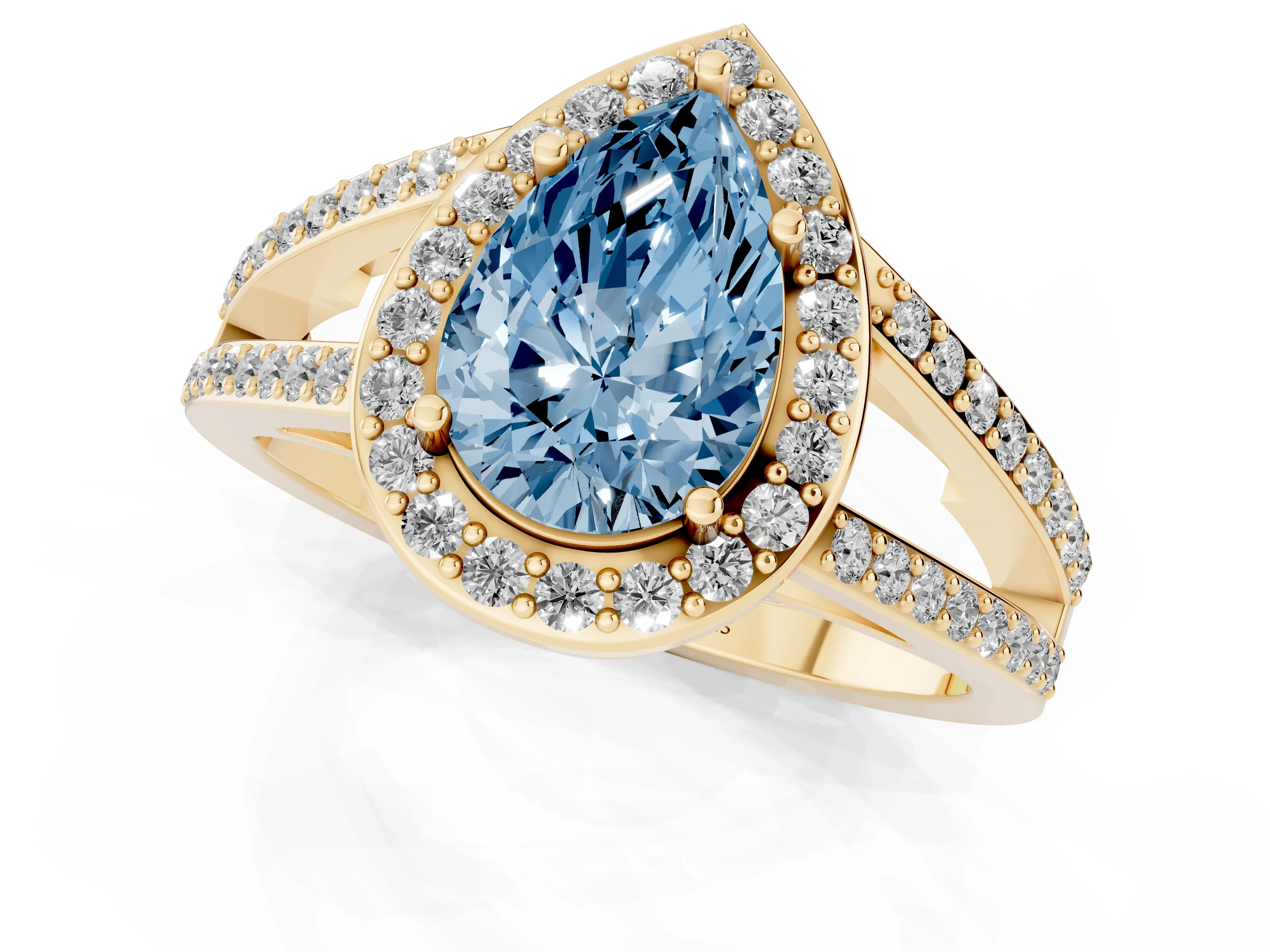 Fancy Blue Pear Cut Diamond Halo Ring Set in Yellow gold with U-Prong Split Shank and Prong Setting