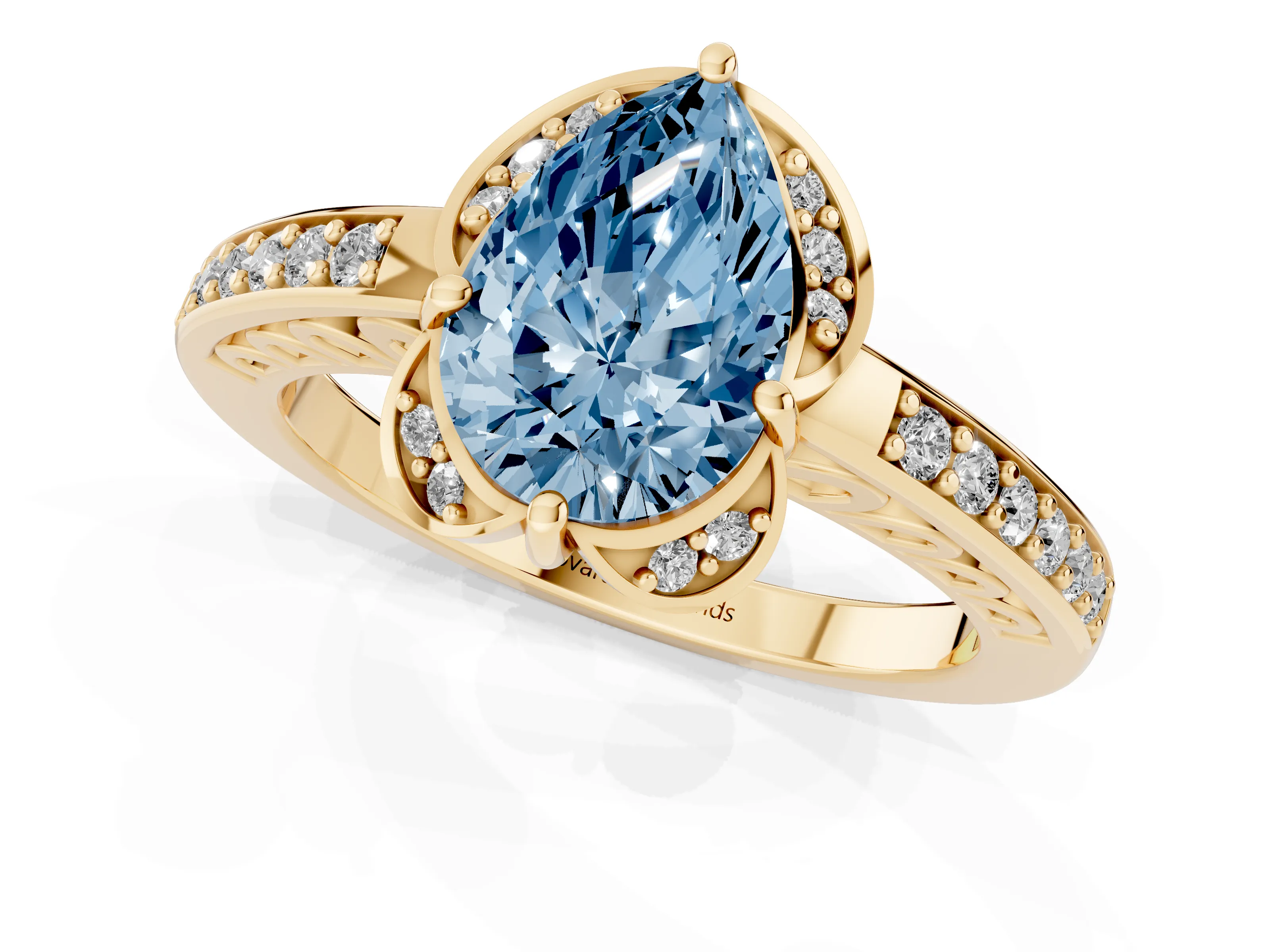 Fancy Blue Pear Cut Diamond Halo Ring Set in Yellow gold with Channel Set Band and Prong Setting