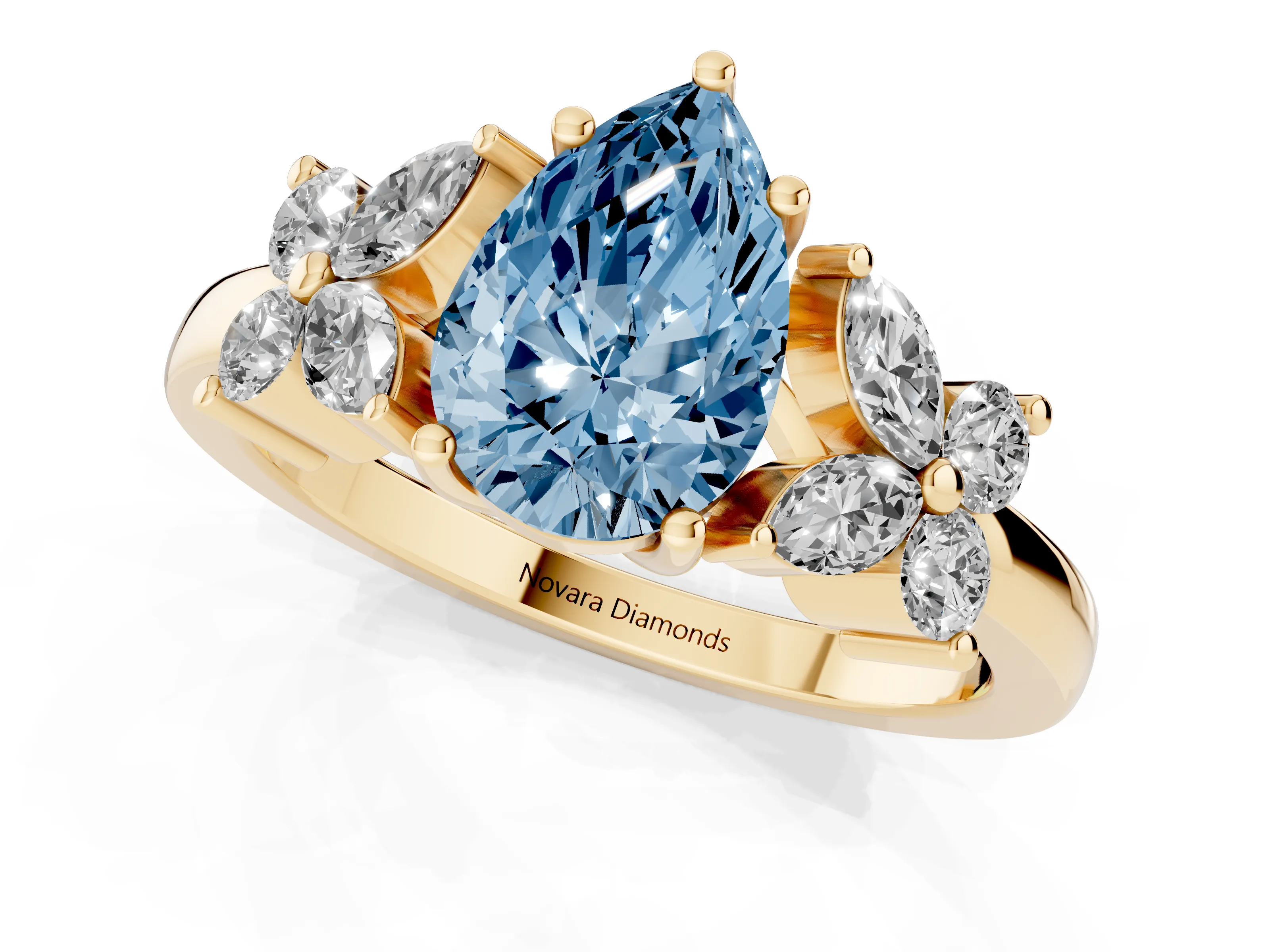 Fancy Blue Pear Cut Diamond Floral Cluster Ring Set in Yellow gold with Marquise Petals and Prong Setting