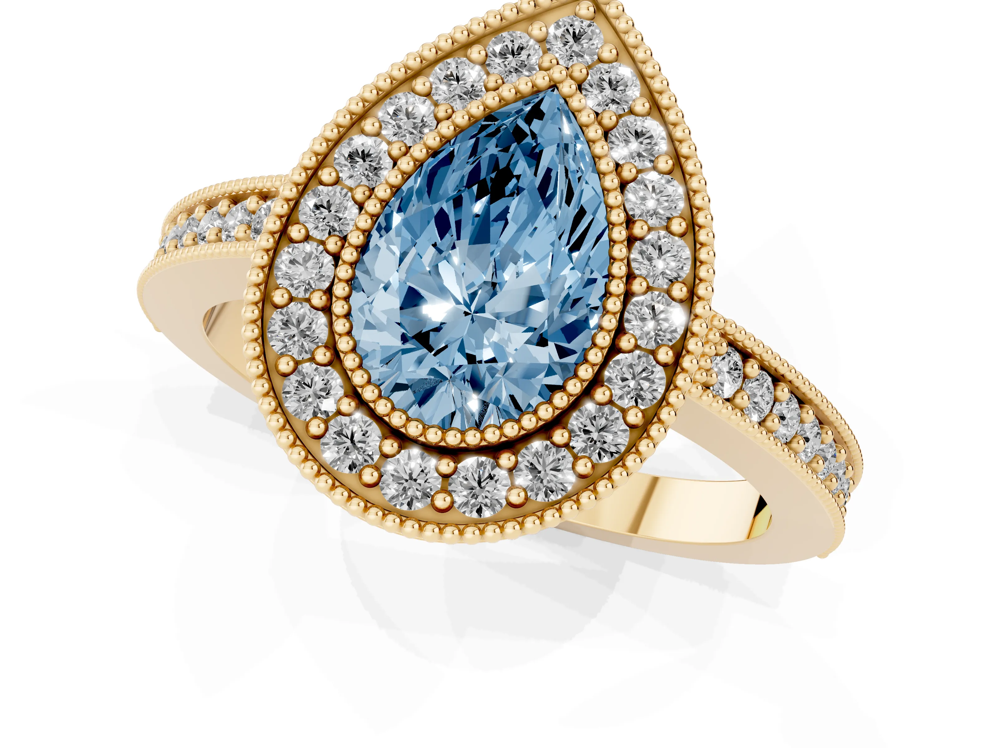 Fancy Blue Pear Cut Diamond Halo Engagement Ring Set in Yellow gold with Pavé Band and Round Halo Stones