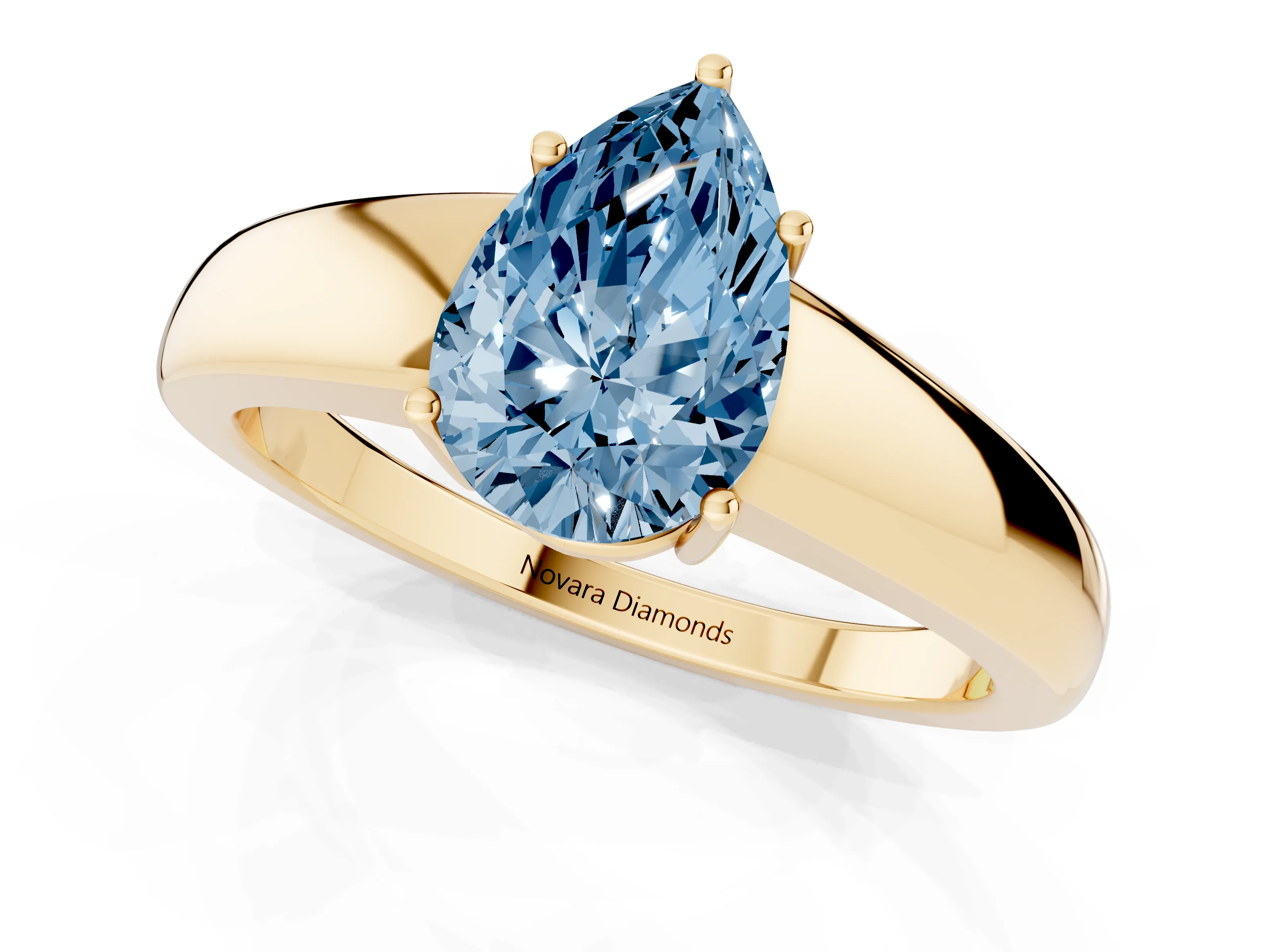 Fancy Blue Pear Cut Diamond Solitaire Ring Set in Yellow gold with Tapered Band and Prong Setting
