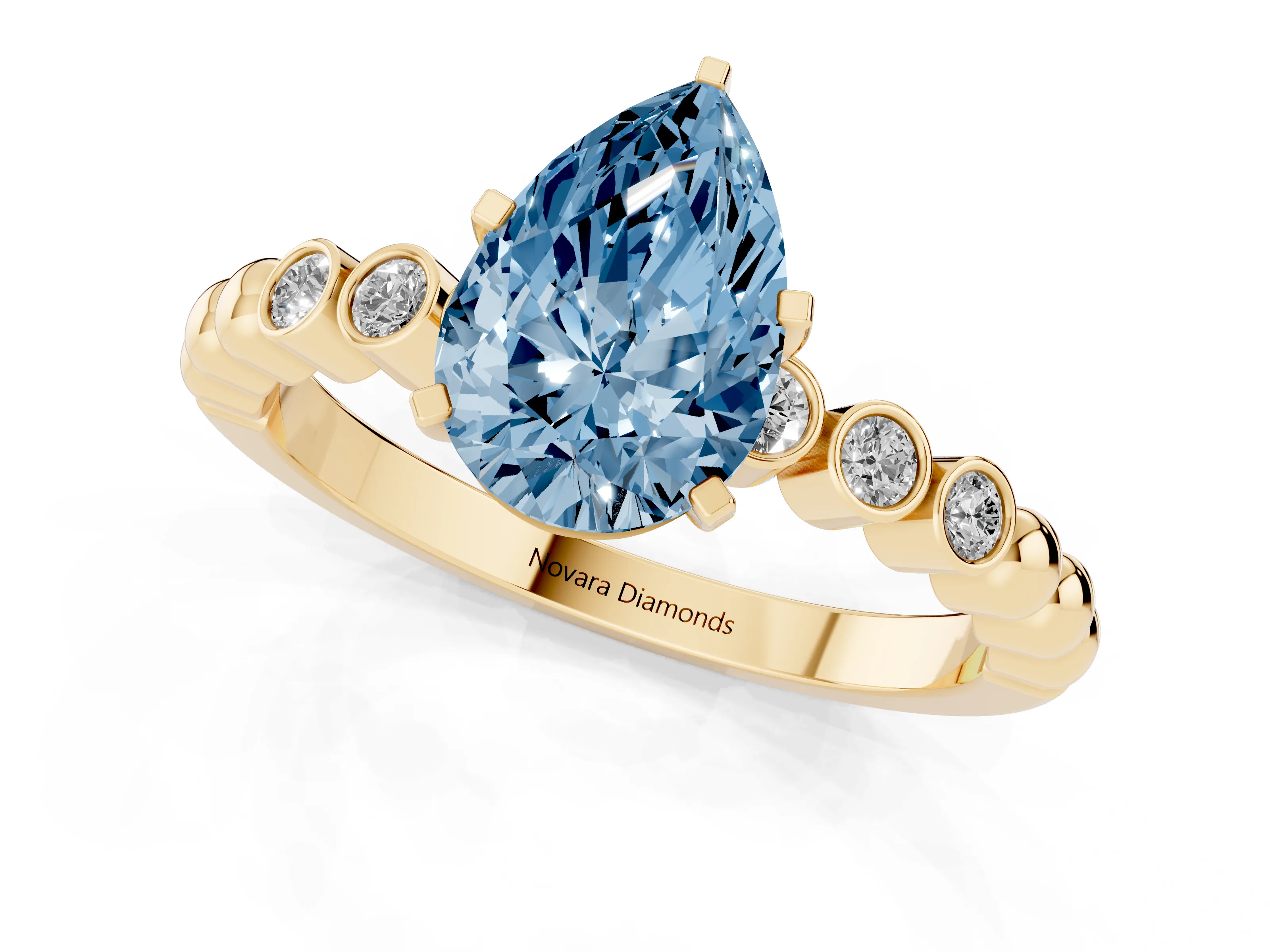 Fancy Blue Pear Cut Diamond Solitaire Engagement Ring Set in Yellow gold with Bezel Accents on Beaded Band – second view
