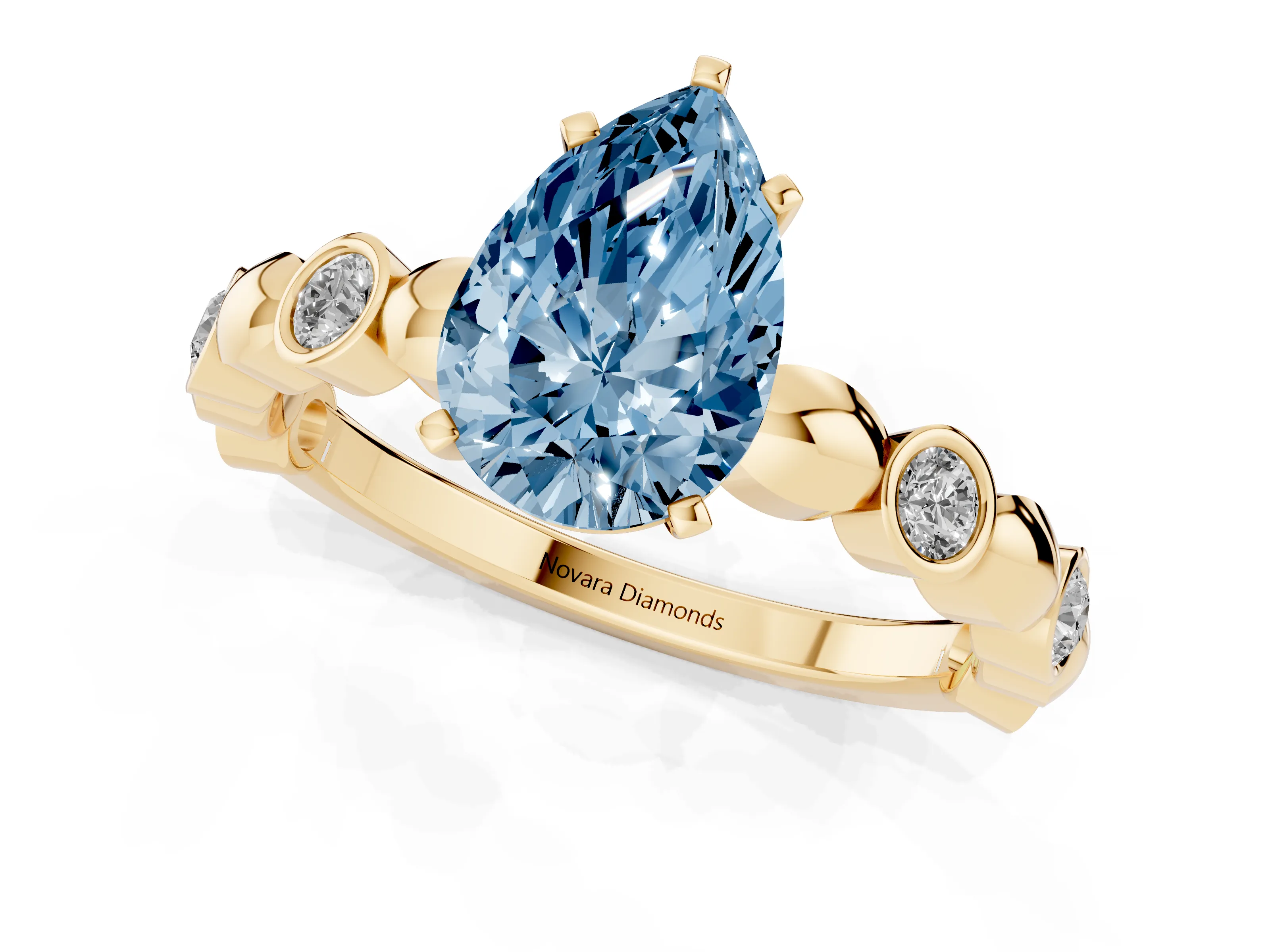 Fancy Blue Pear Cut Diamond Solitaire Ring Set in Yellow gold with Bezel-Set Accents on Beaded Band and Prong Setting