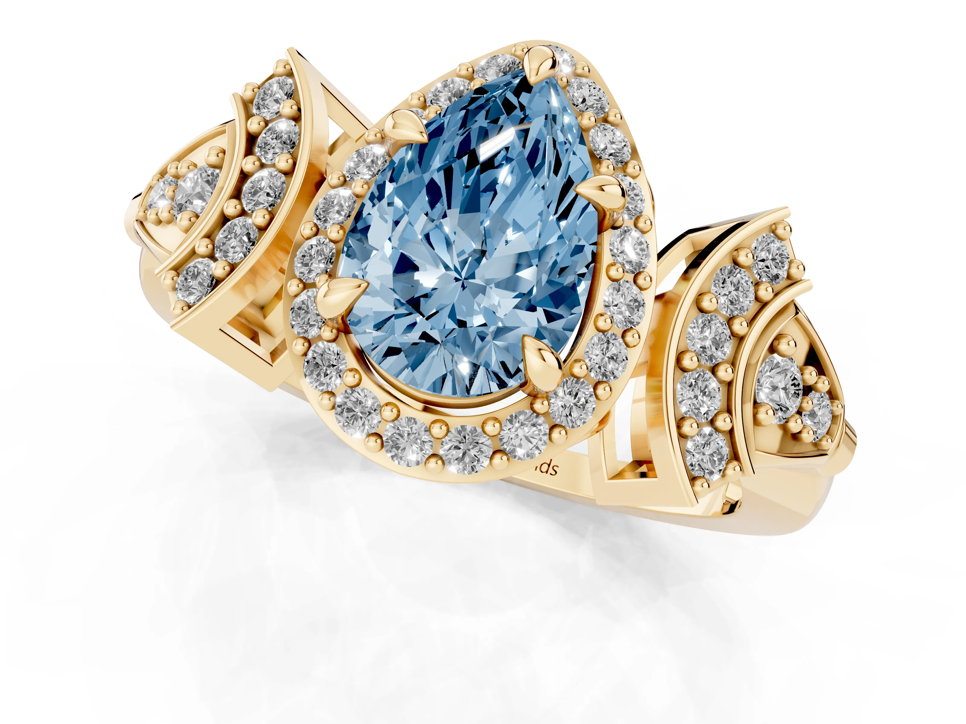 Fancy Blue Pear Cut Diamond Halo Engagement Ring Set in Yellow gold with Accent Stone Split Shank