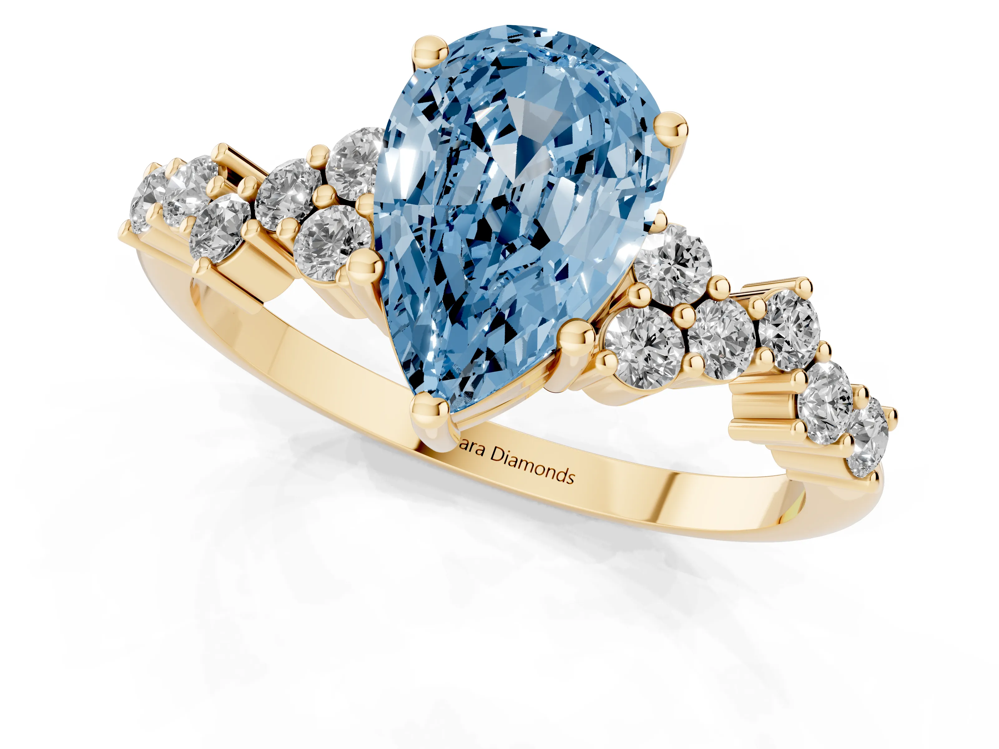 Fancy Blue Pear Cut Diamond Ring Set in Yellow gold with Scattered Round Accents