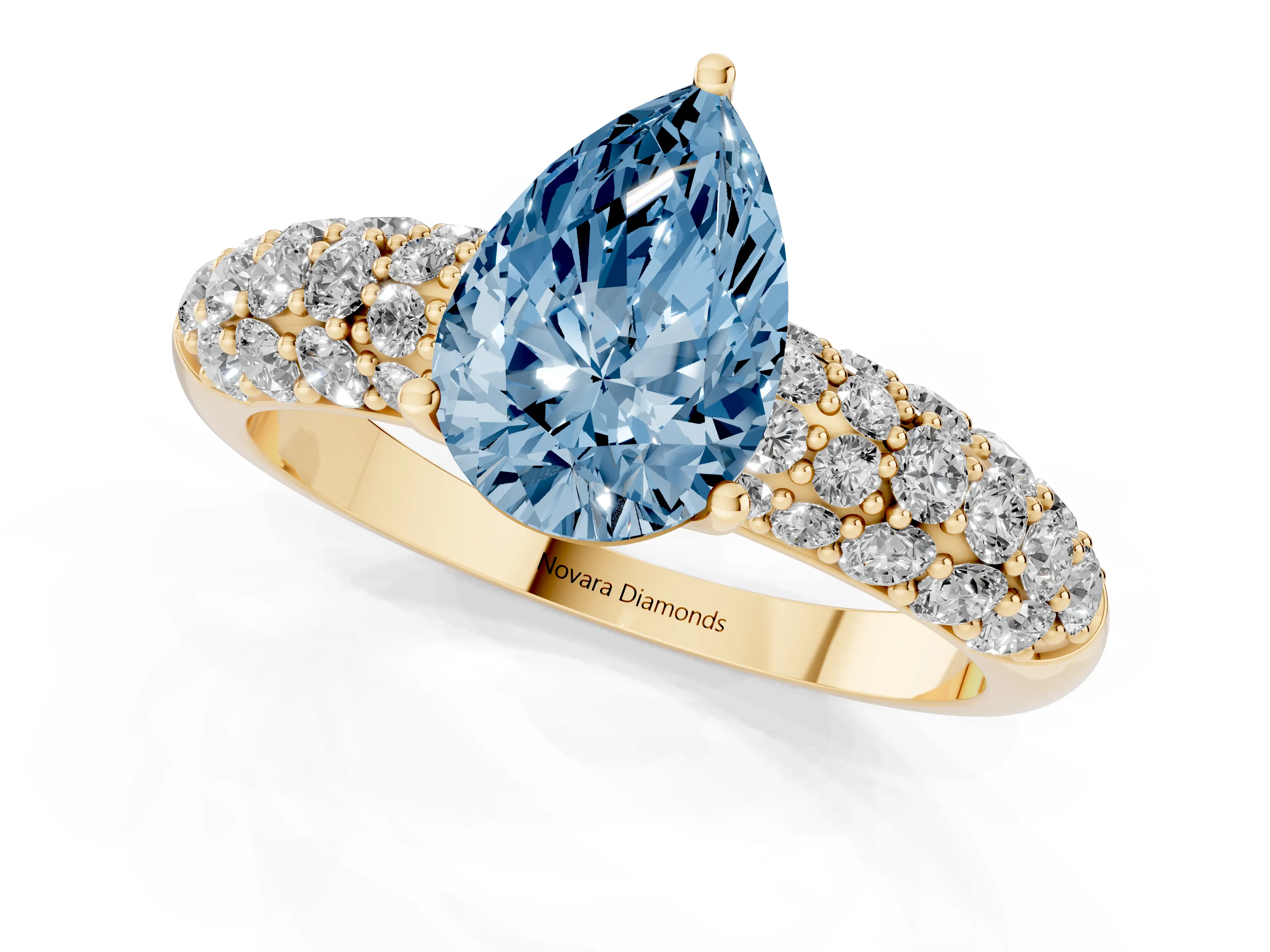 Fancy Blue Pear Cut Diamond Pavé Band Solitaire Ring Set in Yellow gold with Close-Set Accent Stones and Prong Setting