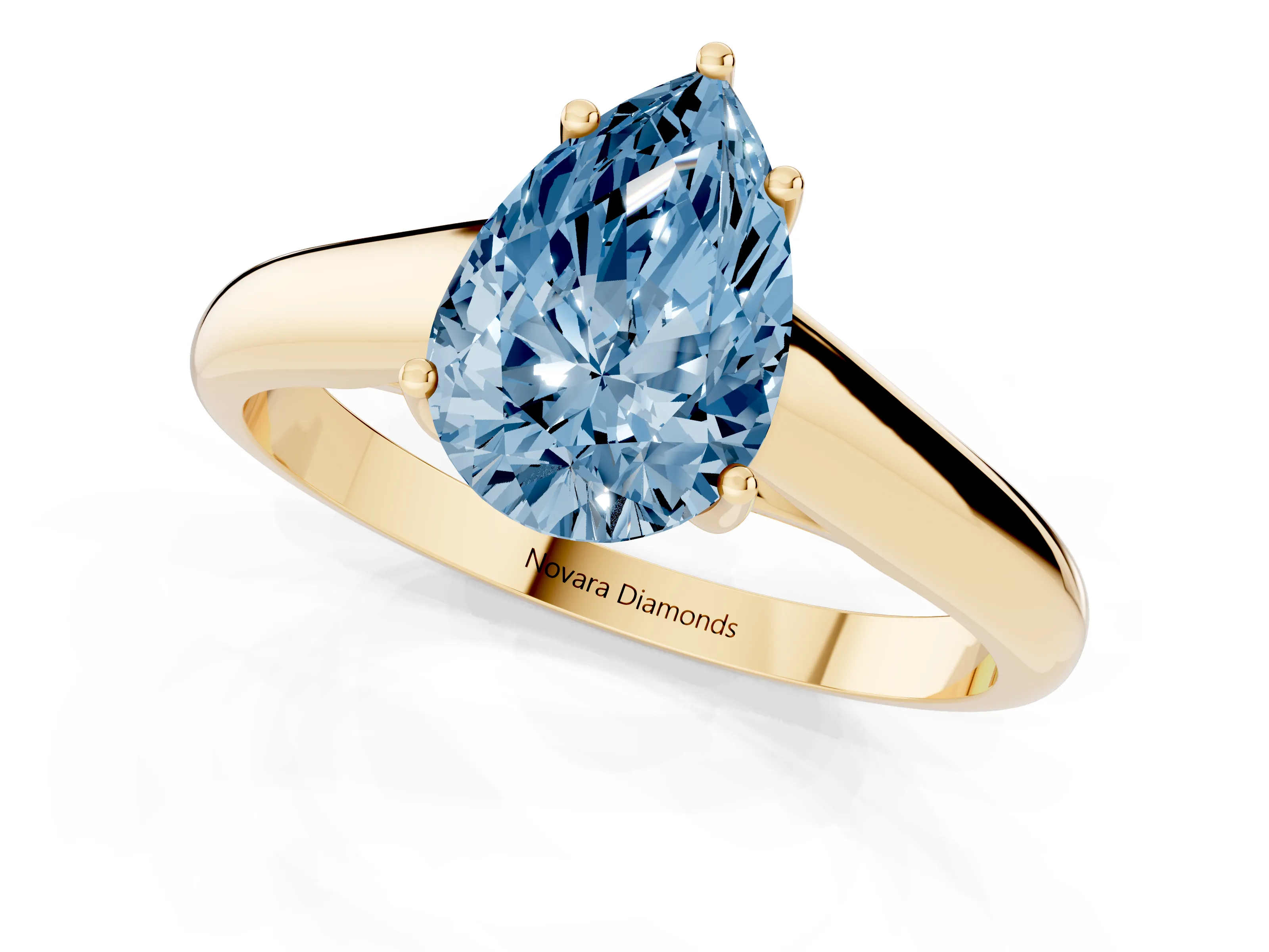 Fancy Blue Pear Cut Diamond Solitaire Engagement Ring Set in Yellow gold with Subtly Tapered Band and Prong Setting