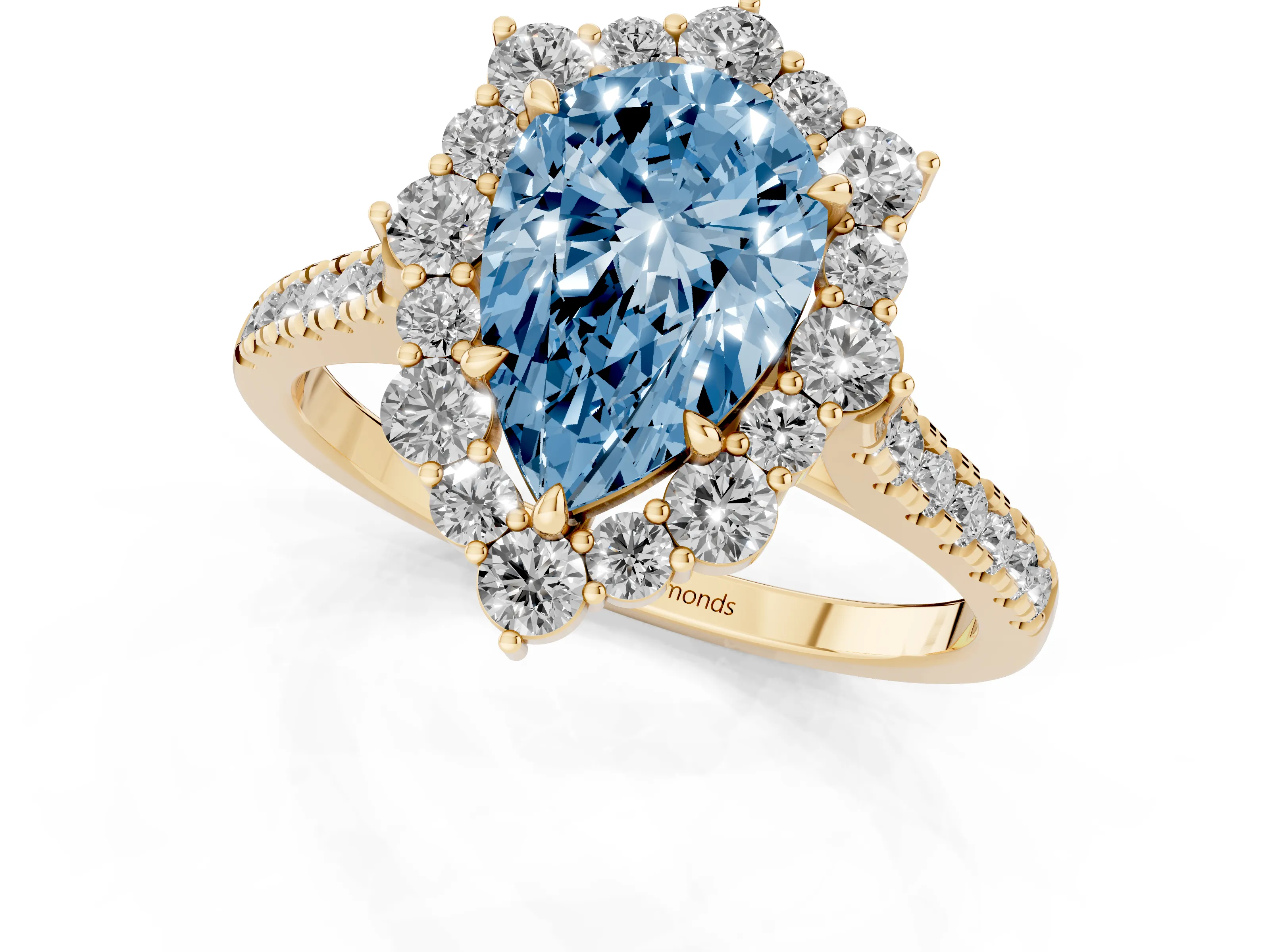 Fancy Blue Pear Cut Diamond Halo Ring Set in Yellow gold with Pavé Band and Prong Setting
