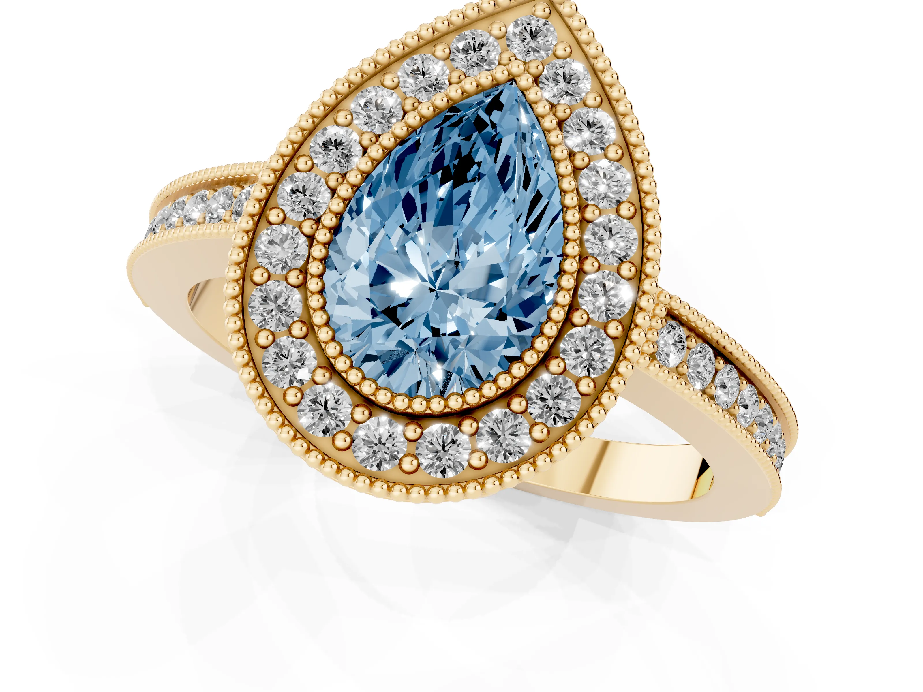 Fancy Blue Pear Cut Diamond Halo Ring Set in Yellow gold with Pavé Band and Milgrain-Edged Prongs