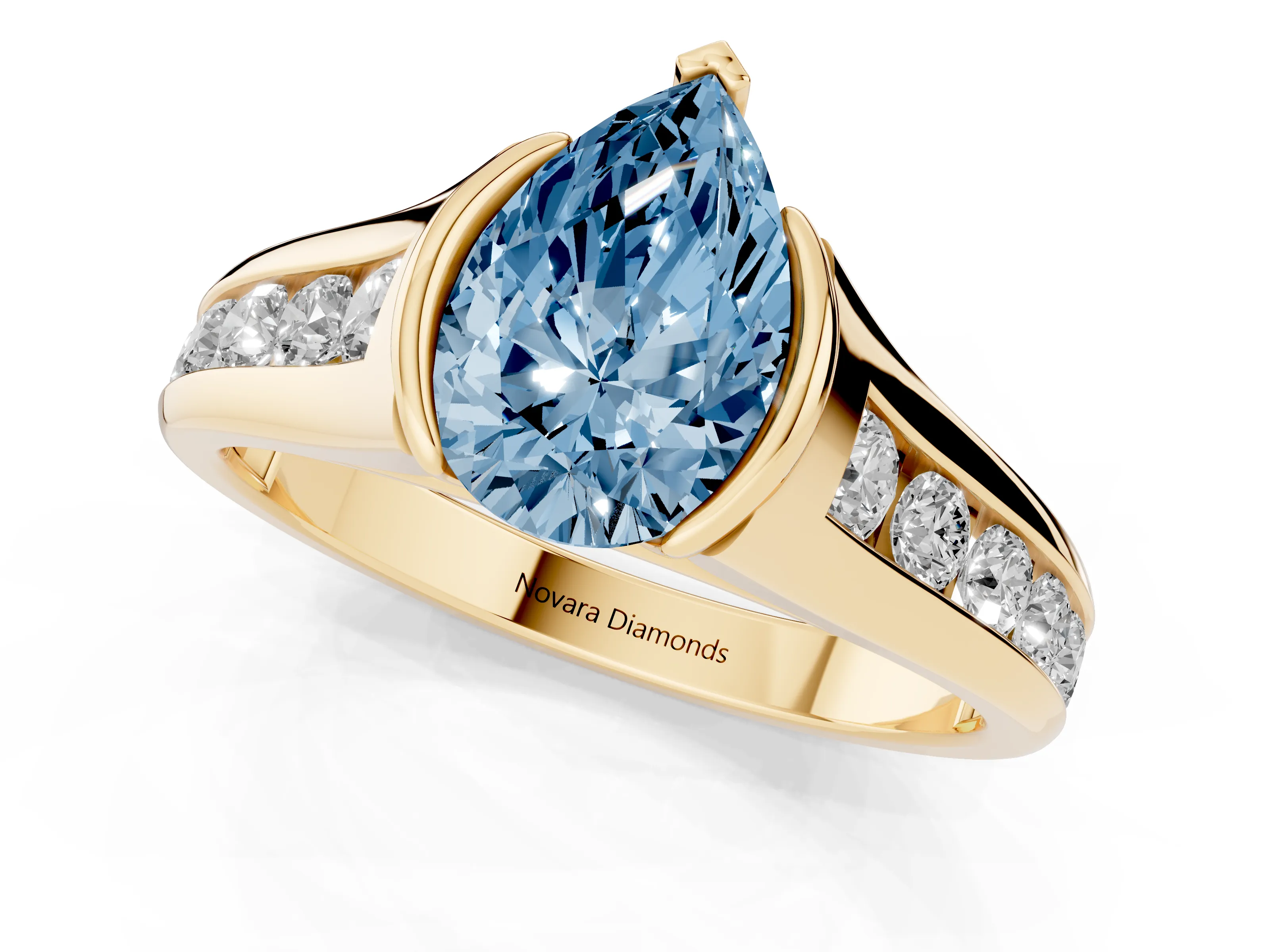 Fancy Blue Pear Cut Diamond Bezel-Set Solitaire Ring Set in Yellow gold with Channel-Set Band