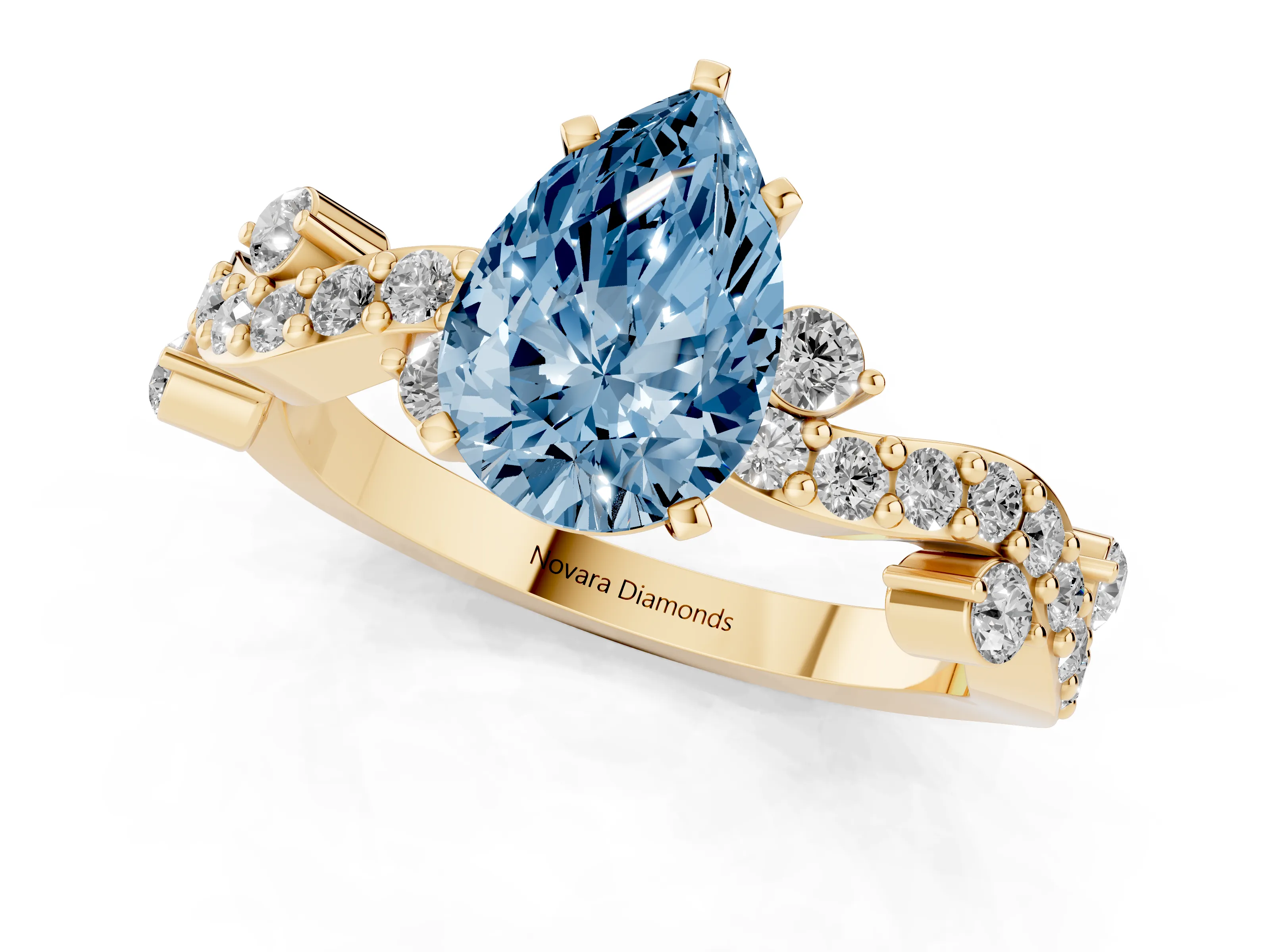 Fancy Blue Pear Cut Diamond Solitaire Twisted Band Set in Yellow gold with Pavé Setting