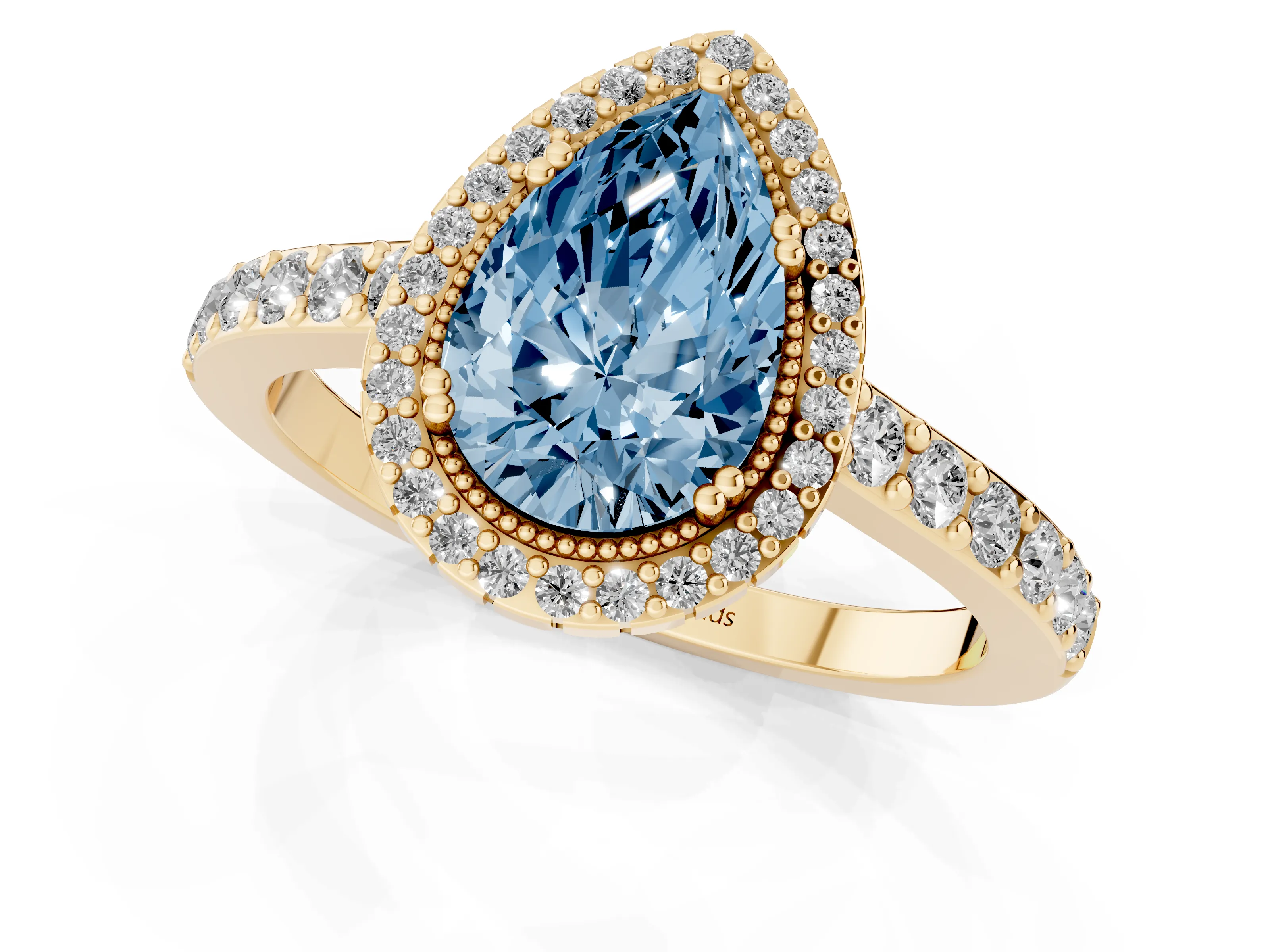 Fancy Blue Pear Cut Diamond Halo Engagement Ring Set in Yellow gold with Milgrain Detail and Pavé Band