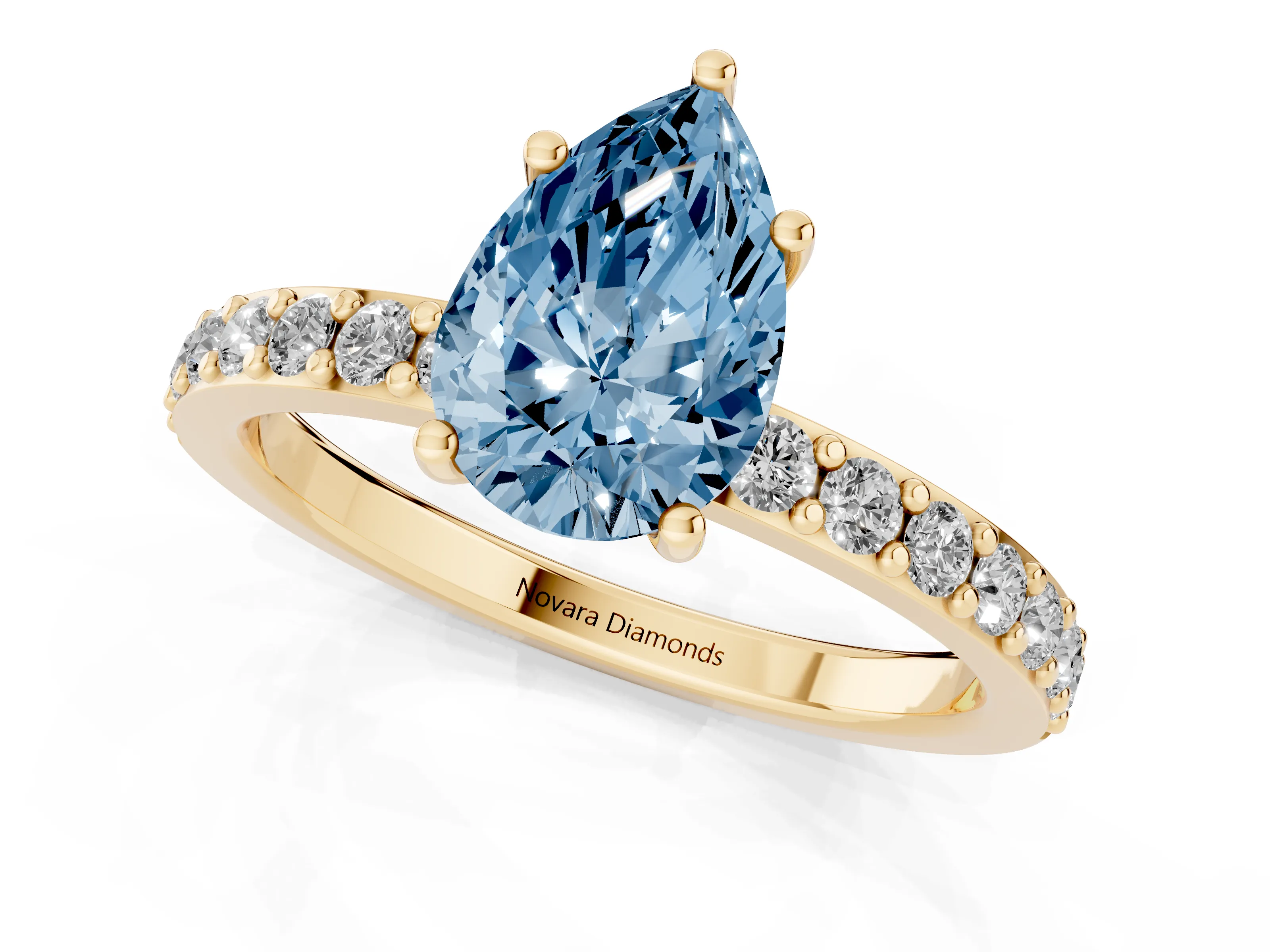 Fancy Blue Pear Cut Diamond Solitaire Set in Yellow gold with Round Pavé Band and Prong Setting