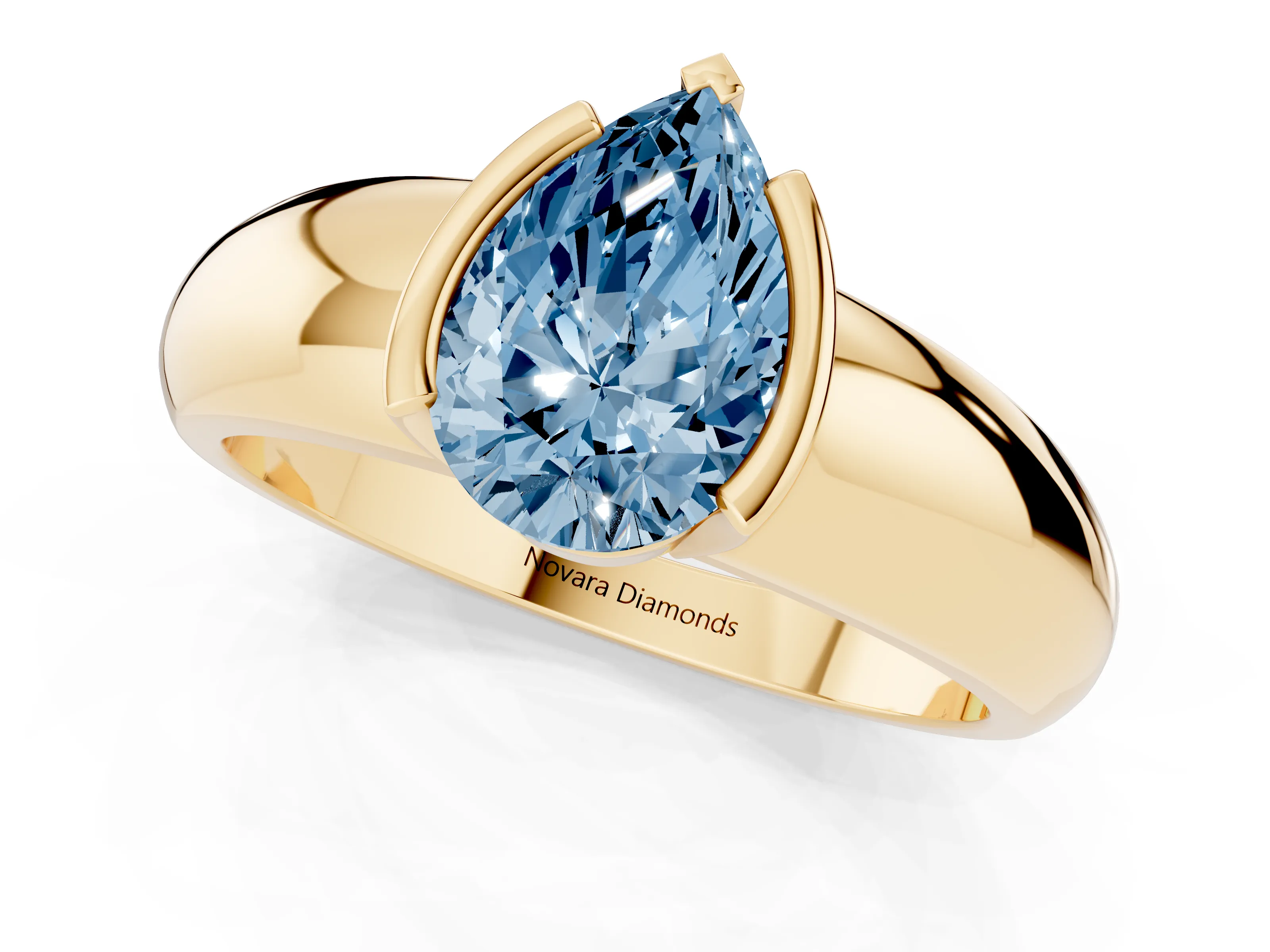 Fancy Blue Pear Cut Diamond Solitaire Tension Set Ring Set in Yellow gold with Wide Band