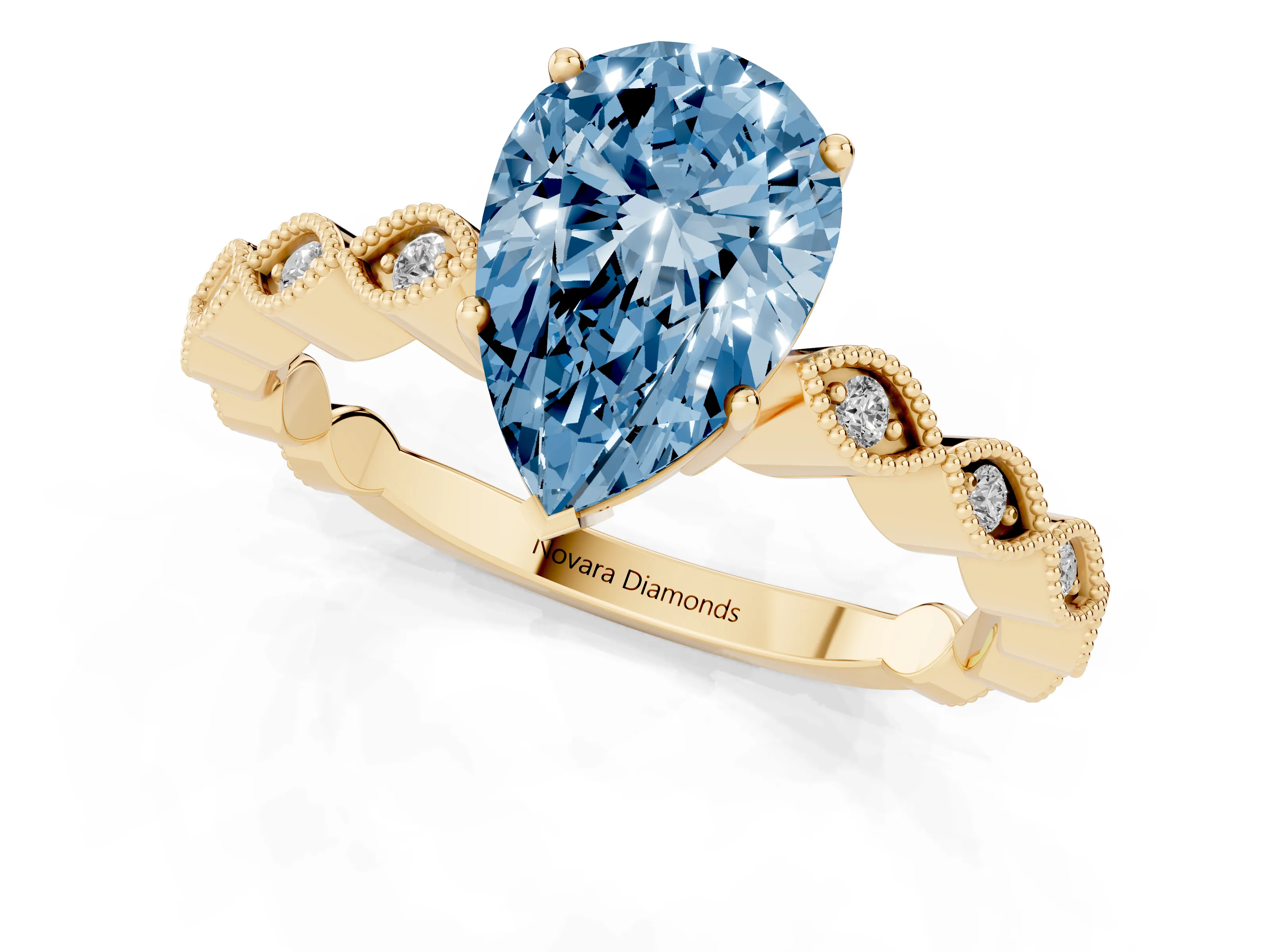 Fancy Blue Pear Cut Diamond Solitaire Ring Set in Yellow gold with Infinity Twist Pavé Band
