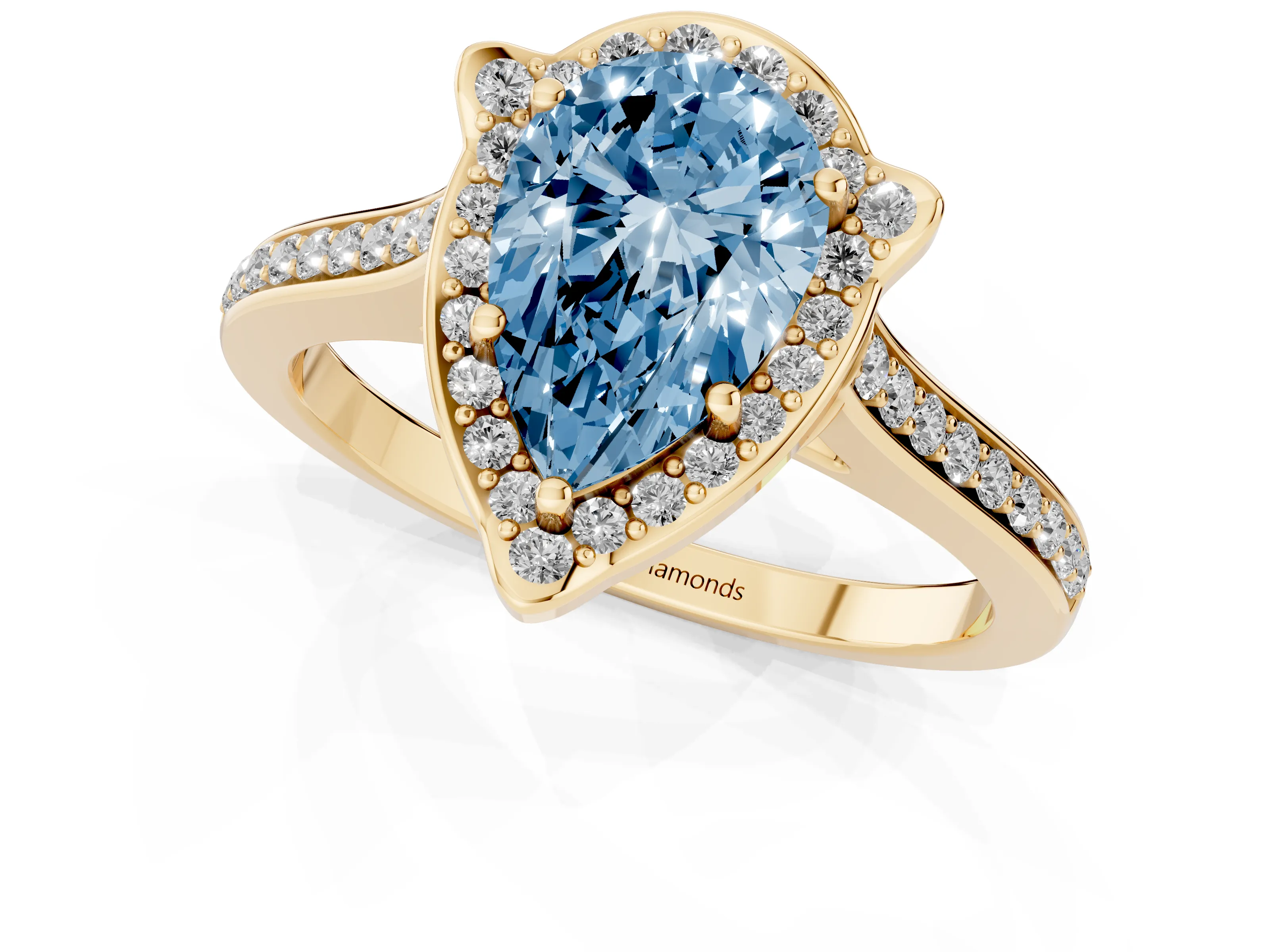 Fancy Blue Pear Cut Diamond Halo Ring Set in Yellow gold with Pavé-Lined Shoulders and Prong Setting