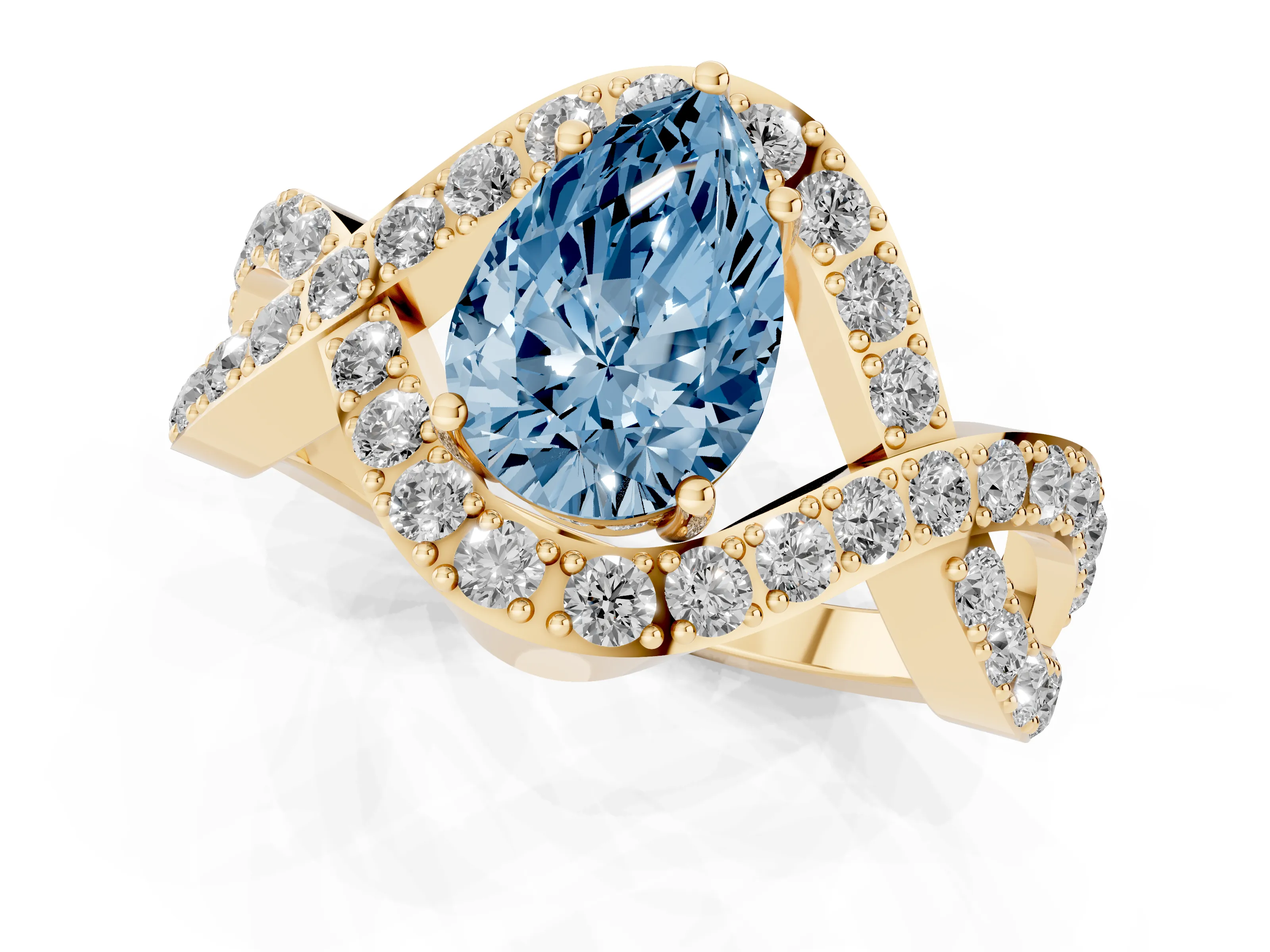 Fancy Blue Pear Cut Diamond Solitaire Twist Band Pavé Engagement Ring Set in Yellow gold