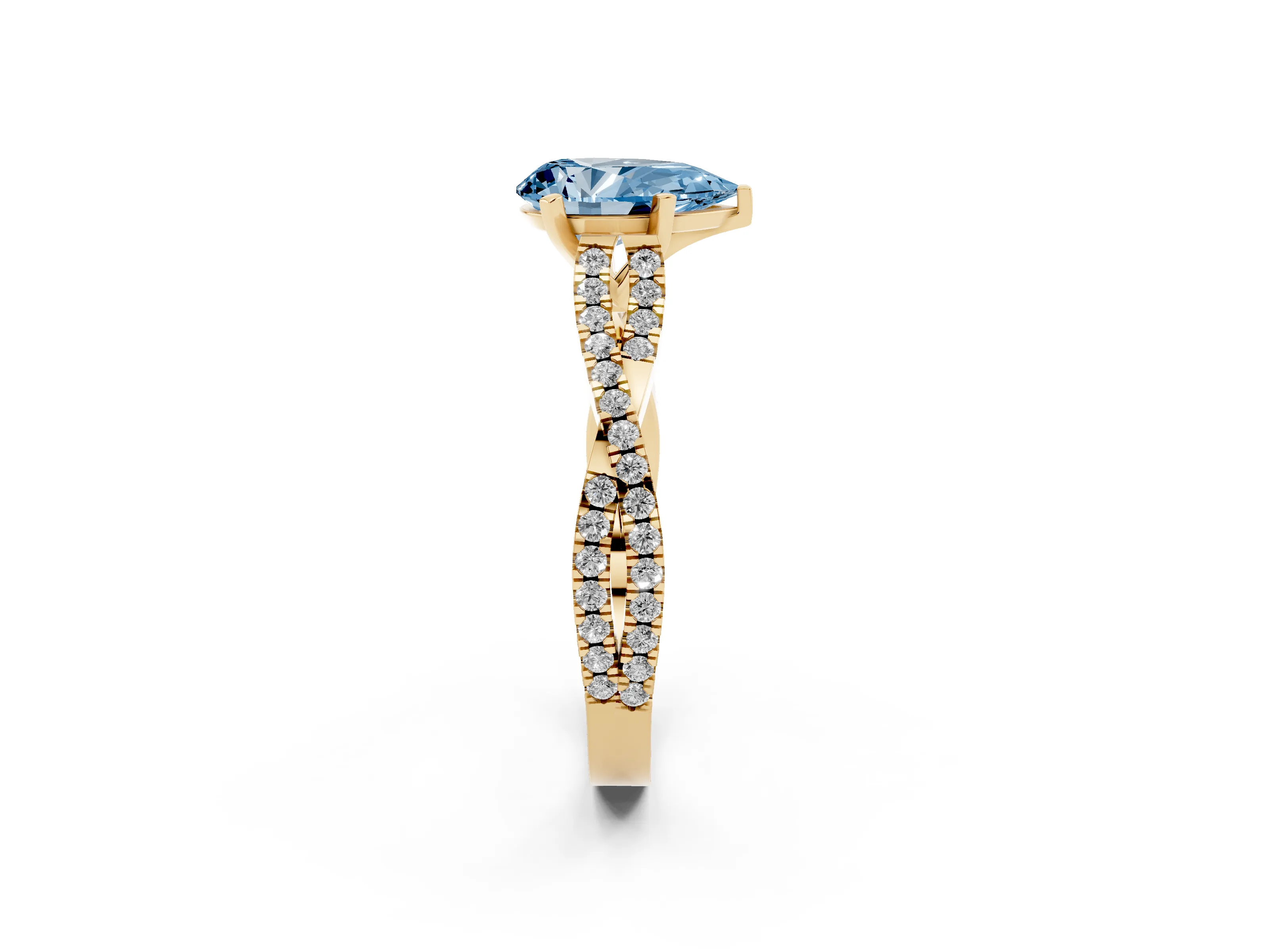 Fancy Blue Pear Cut Diamond Solitaire Engagement Ring Set in Yellow gold with Twisted Pavé Band and Prong Setting