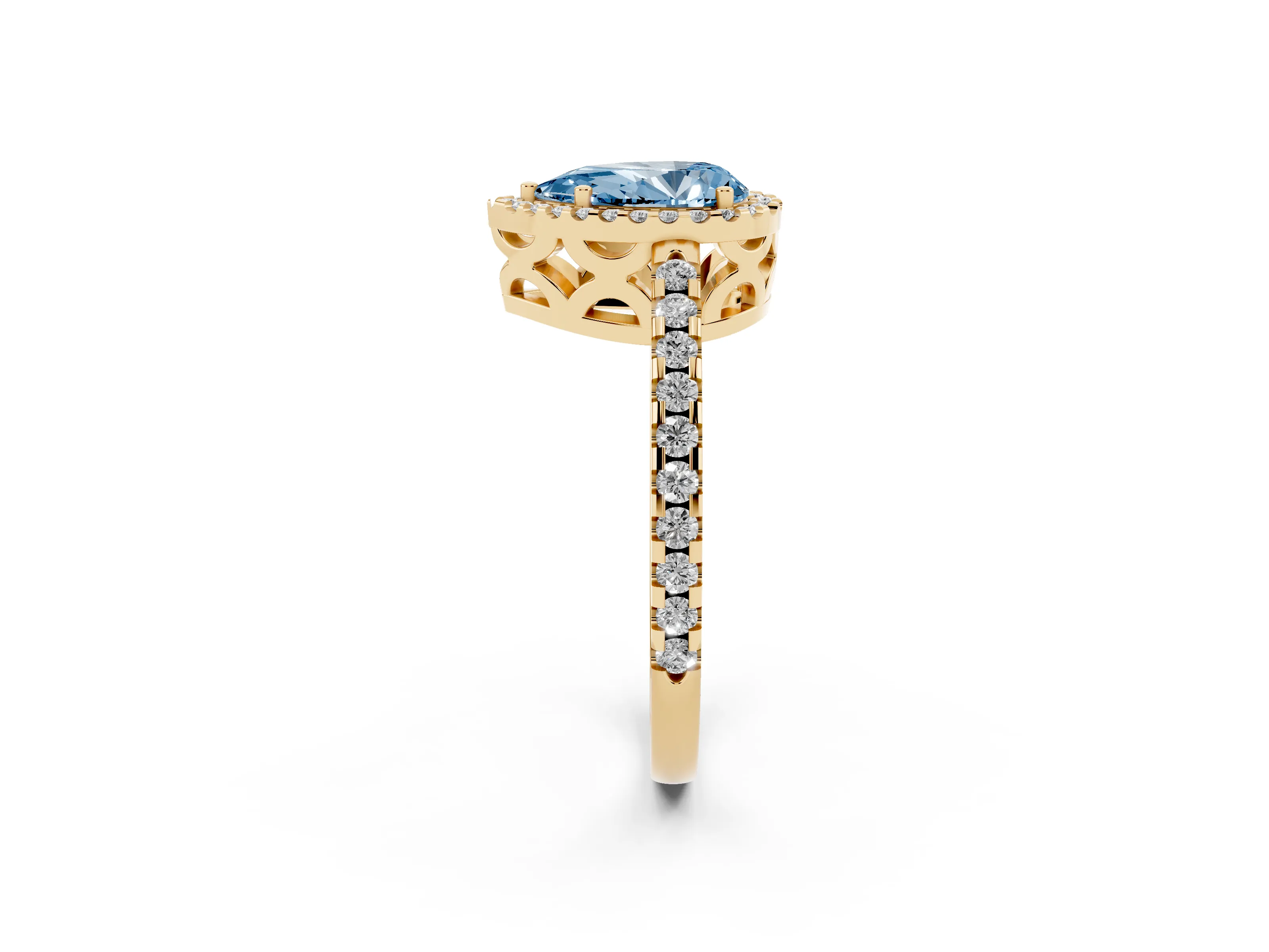 Fancy Blue Pear Cut Diamond Halo Ring Set in Yellow gold with Pavé Shoulders and Halo-Framed Center