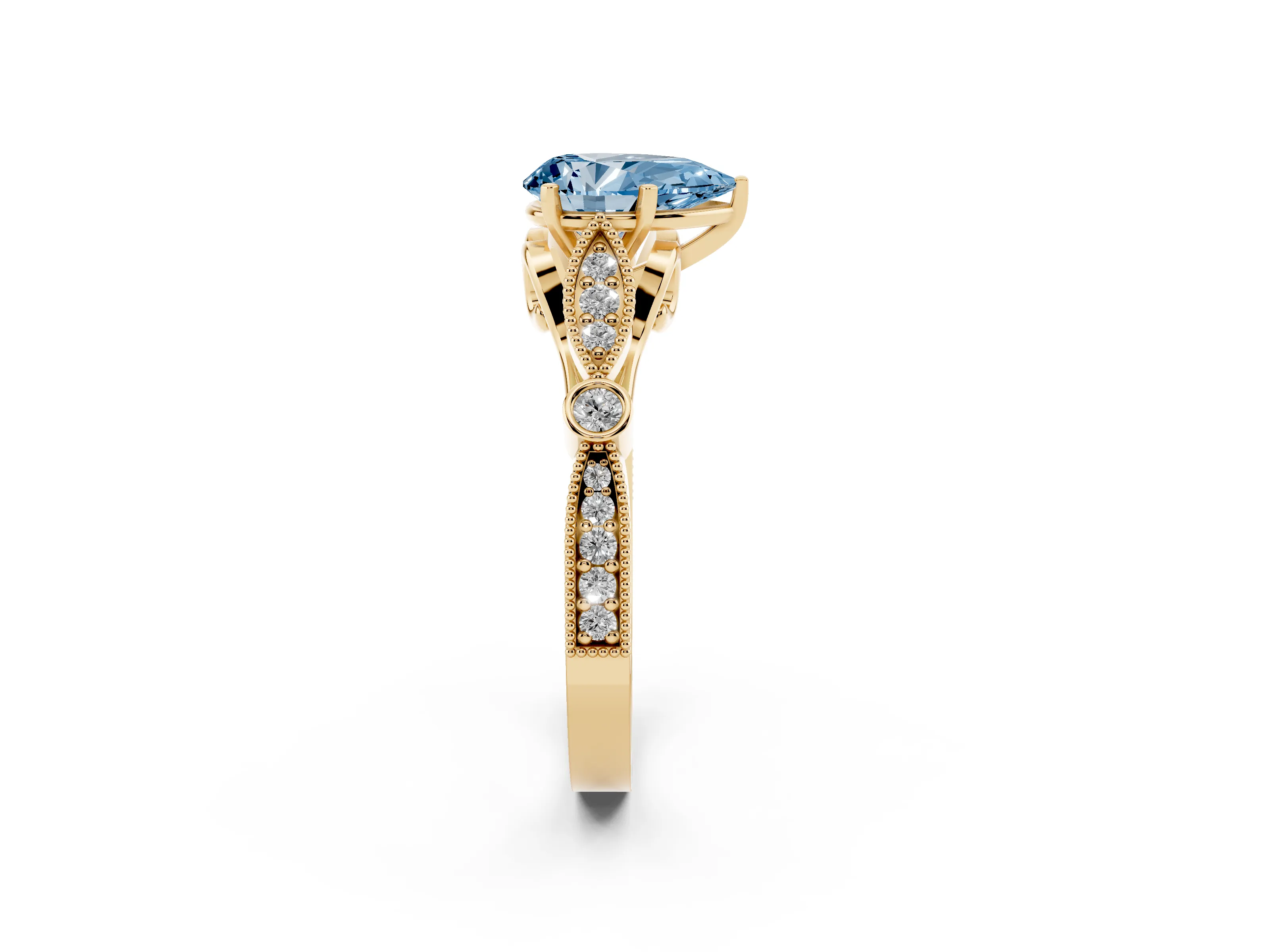 Fancy Blue Pear Cut Diamond Solitaire Ring Set in Yellow gold with Milgrain Marquise and Bezel Accents