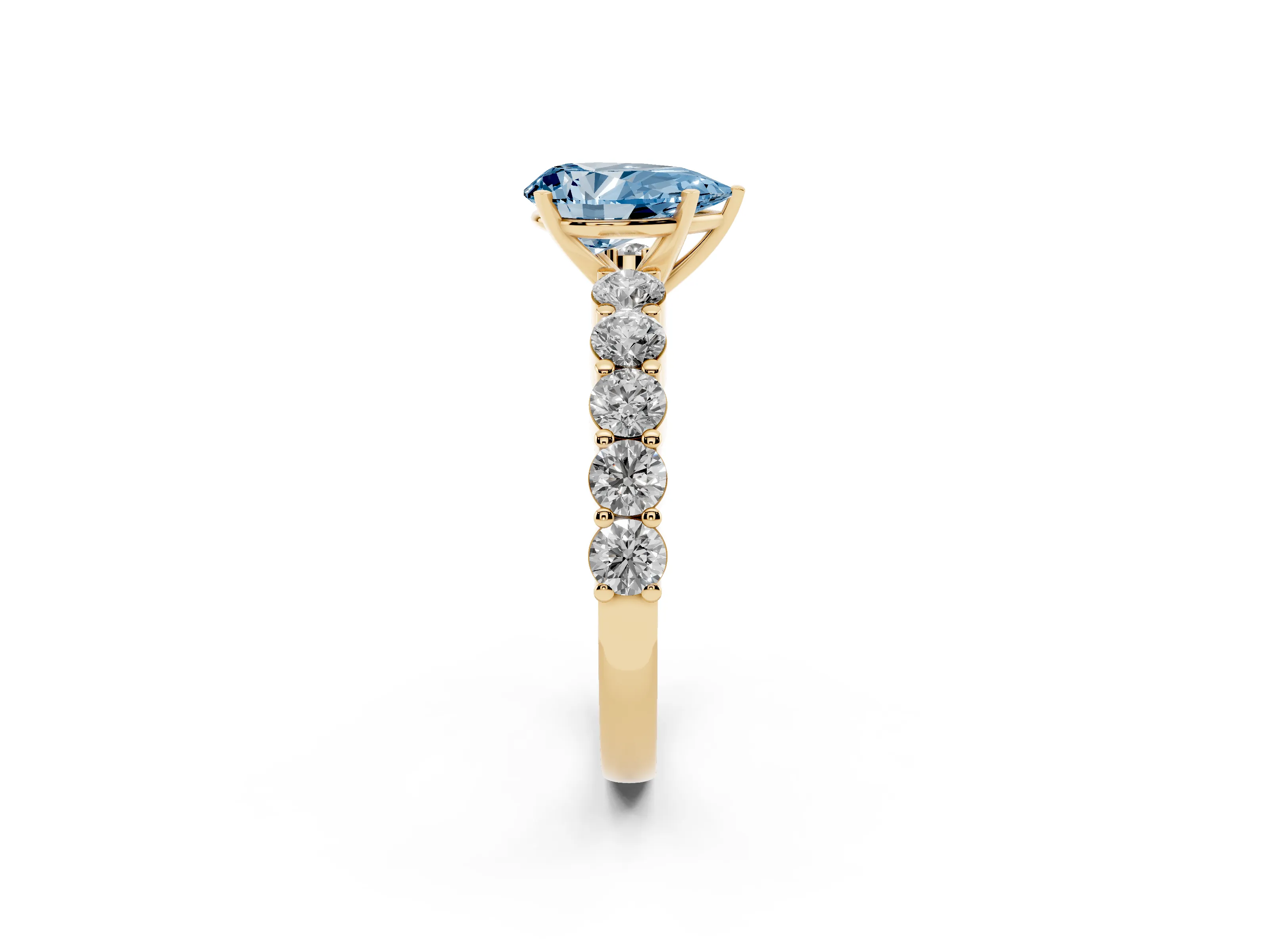 Fancy Blue Pear Cut Diamond Solitaire Ring Set in Yellow gold with Shared Prong Round Side Stones