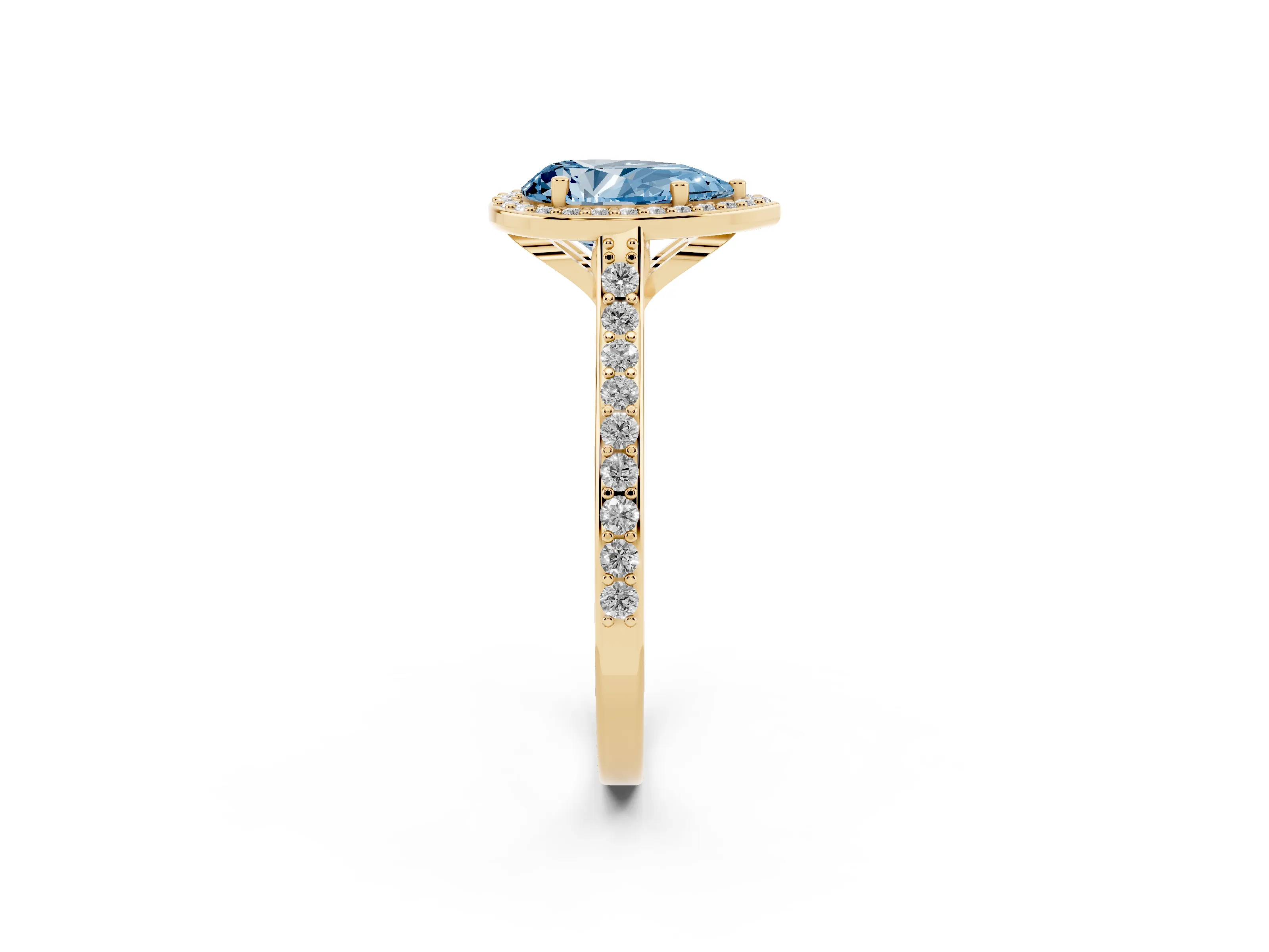 Fancy Blue Pear Cut Diamond Halo Engagement Ring Set in Yellow gold with Round Pavé Shoulders and Heart Gallery