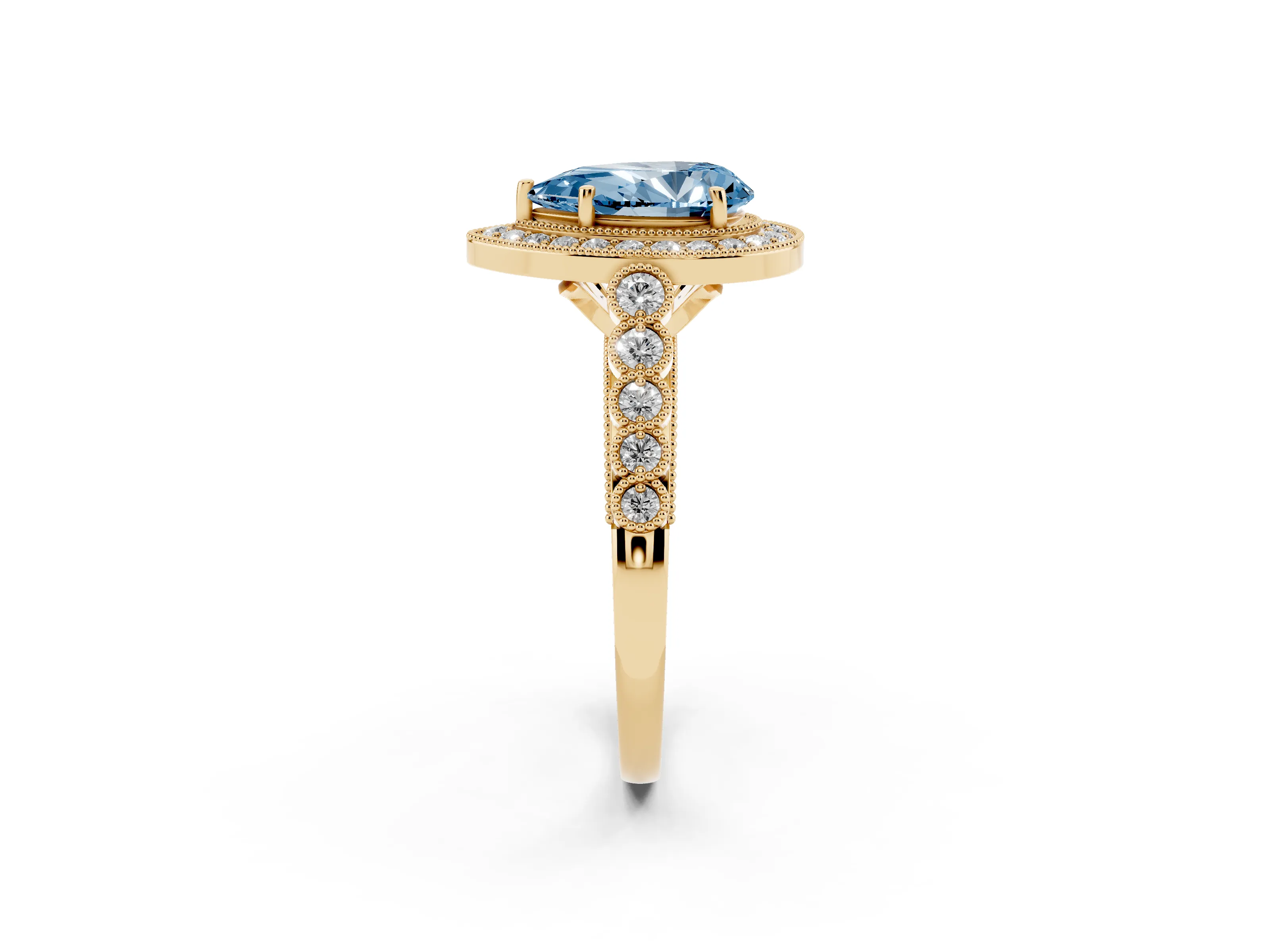 Fancy Blue Pear Cut Diamond Milgrain Halo Solitaire Ring Set in Yellow gold with Bezel Set Side Stones and Pavé Band
