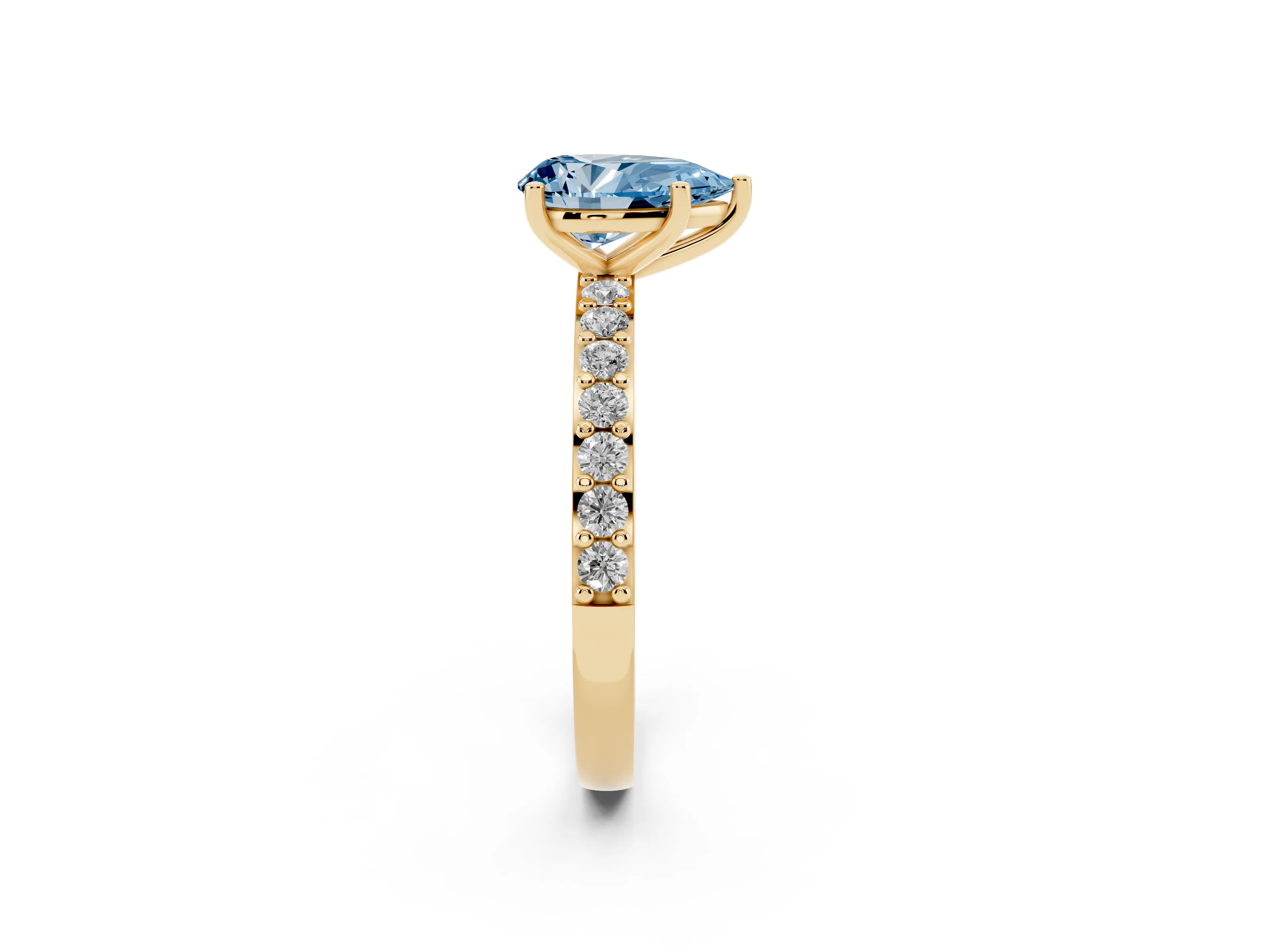 Fancy Blue Pear Cut Diamond Solitaire Set in Yellow gold with Round Pavé Band and Prong Setting