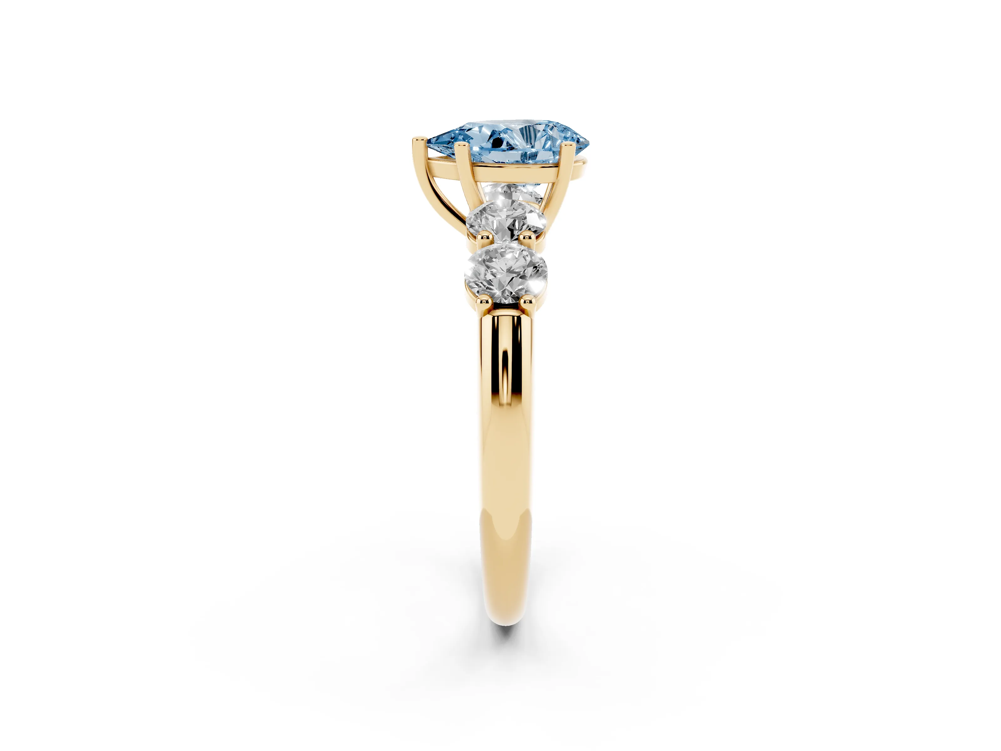Fancy Blue Pear Cut Diamond Five-Stone Prong Set Ring Set in Yellow gold with Classic Band