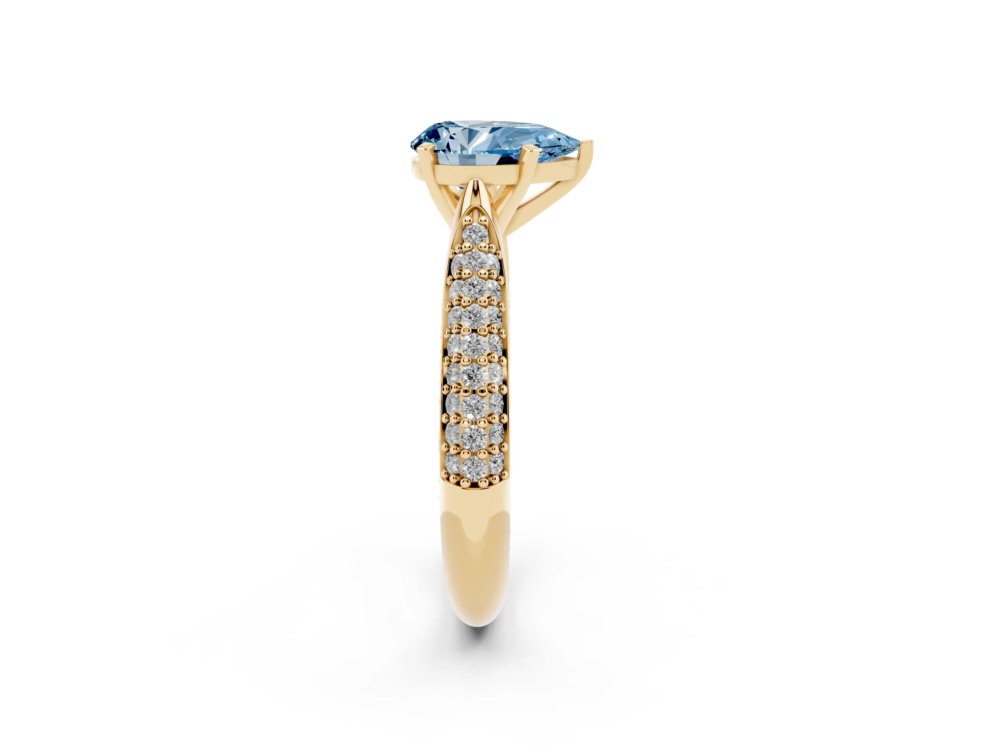 Fancy Blue Pear Cut Diamond Solitaire Engagement Ring Set in Yellow gold with Multi-Row Round Pavé Band and Prong Setting