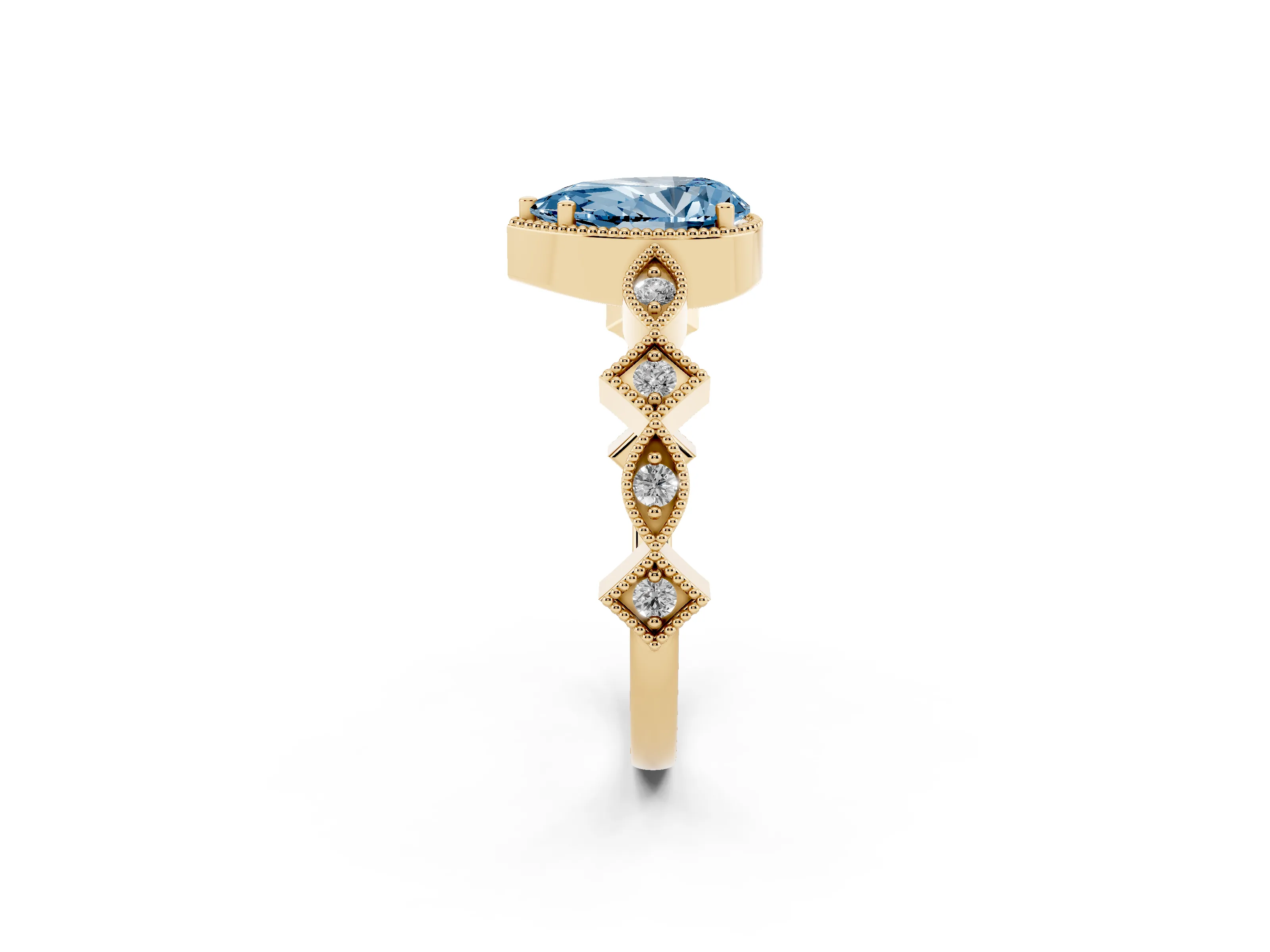 Fancy Blue Pear Cut Diamond Milgrain Marquise Twist Band Ring Set in Yellow gold with Prong Setting