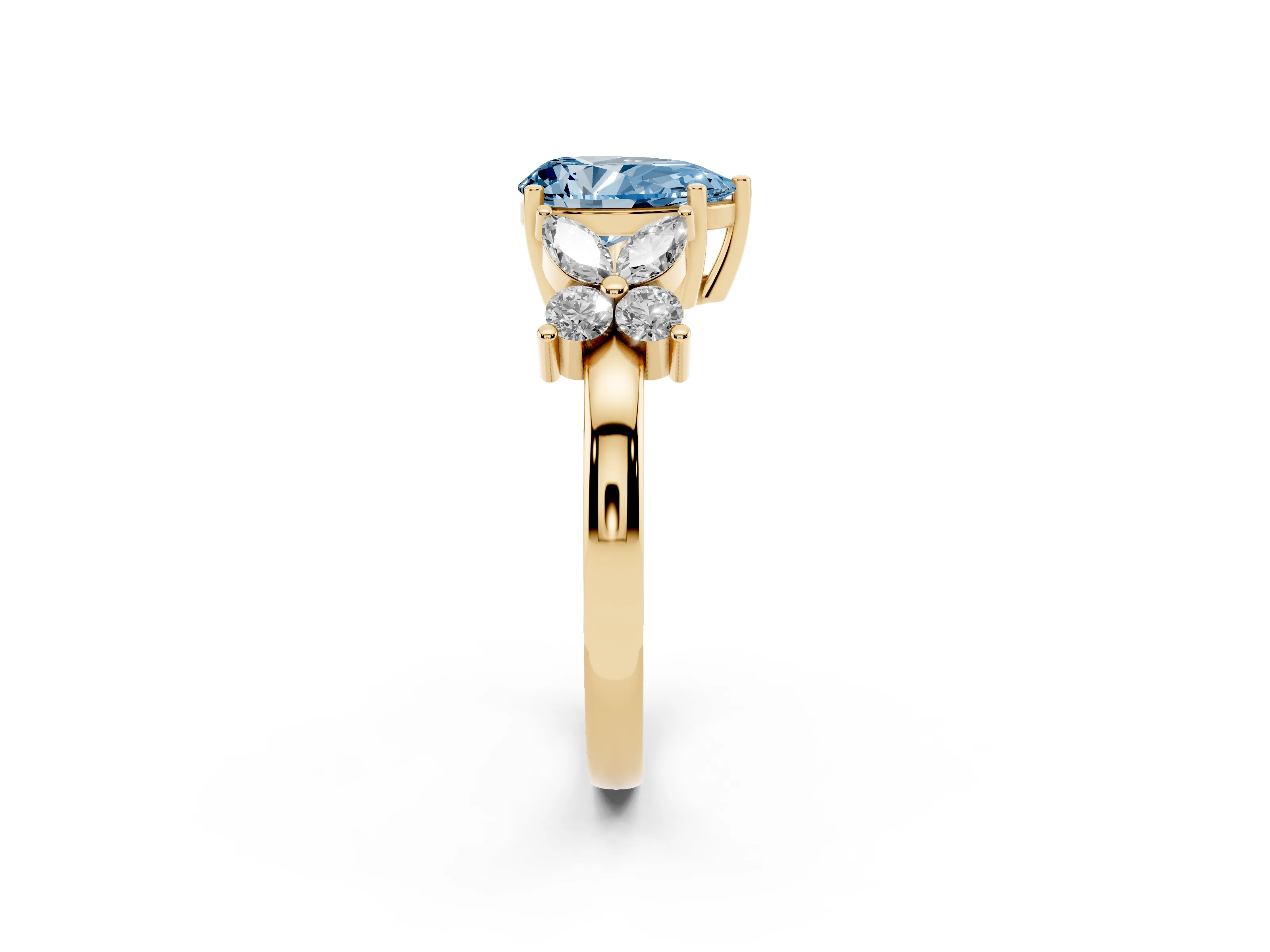 Fancy Blue Pear Cut Diamond Floral Cluster Ring Set in Yellow gold with Marquise Petals and Prong Setting