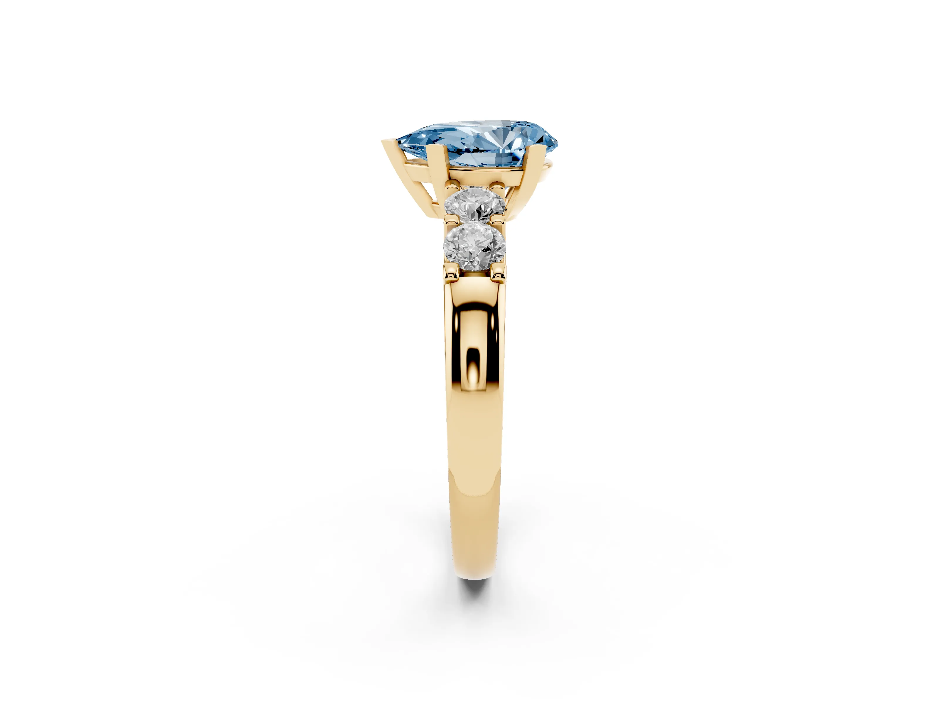 Fancy Blue Pear Cut Diamond Five-Stone Prong Set Engagement Ring Set in Yellow gold with Channel Band