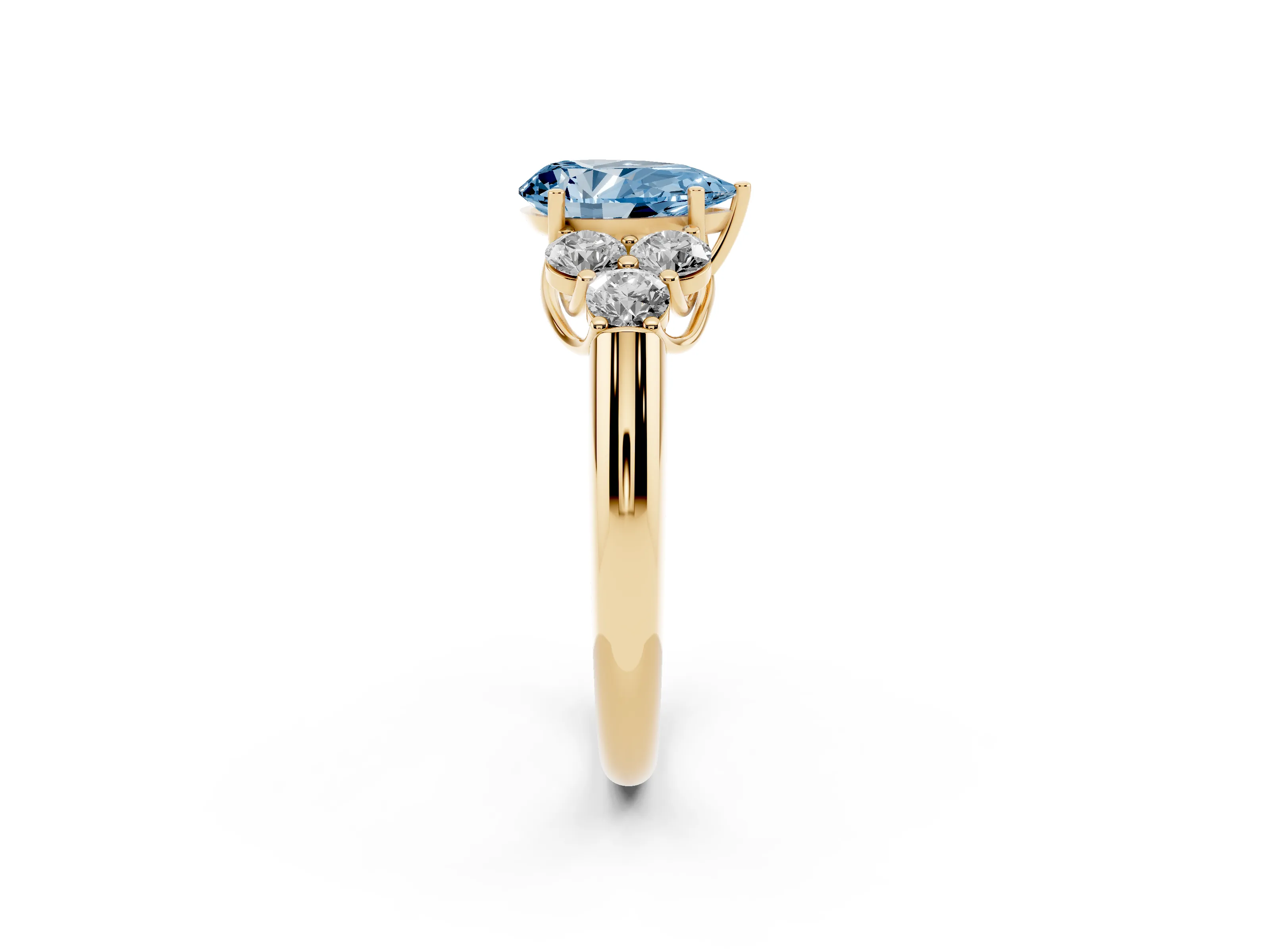Fancy Blue Pear Cut Diamond Cluster Ring Set in Yellow gold with Round Accent Stones and Prong Setting on a Plain Band