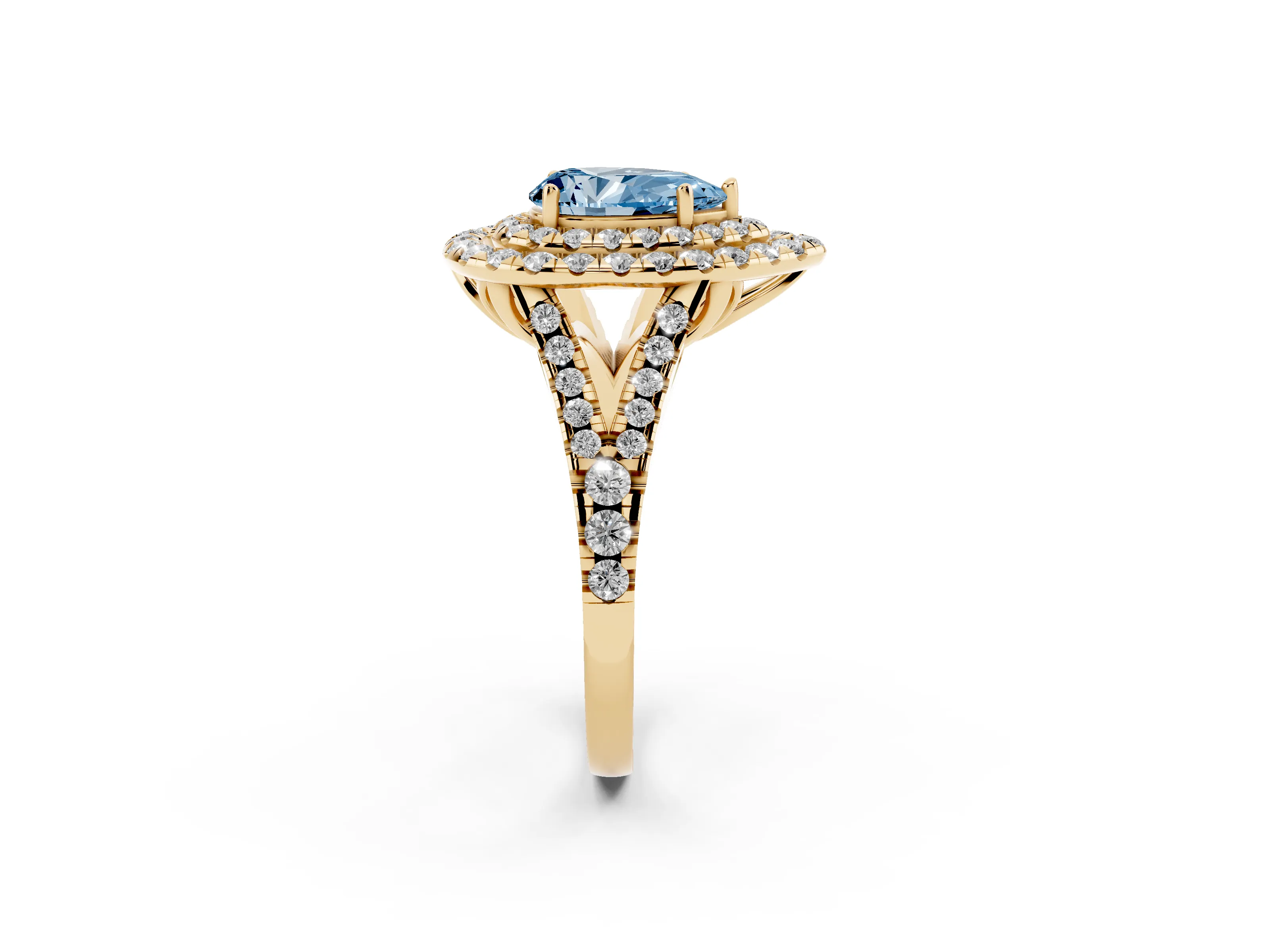 Fancy Blue Pear Cut Diamond Double Halo Ring Set in Yellow gold with Pavé Split Shank and Prong Setting