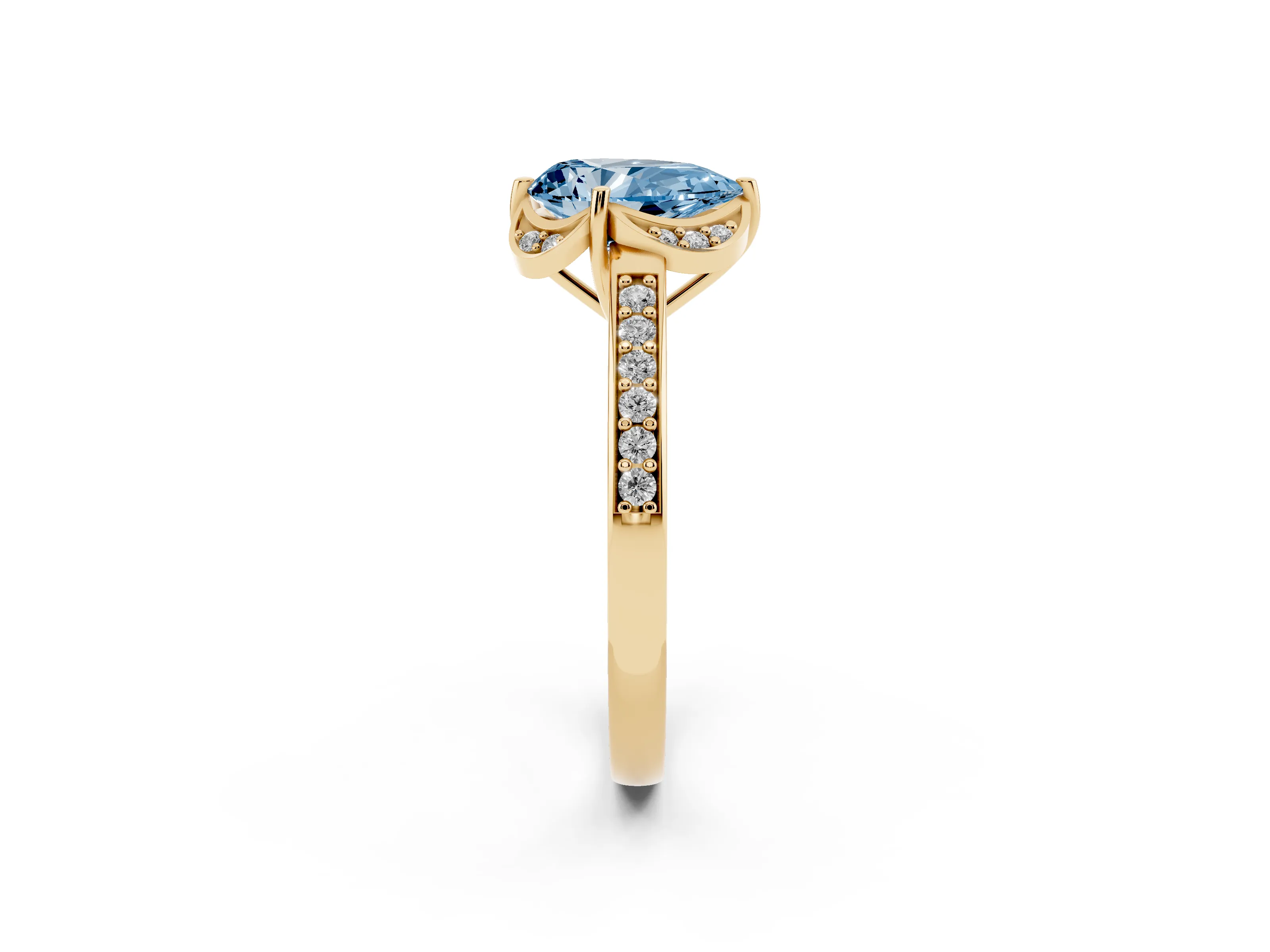 Fancy Blue Pear Cut Diamond Halo Ring Set in Yellow gold with Channel Set Band and Prong Setting
