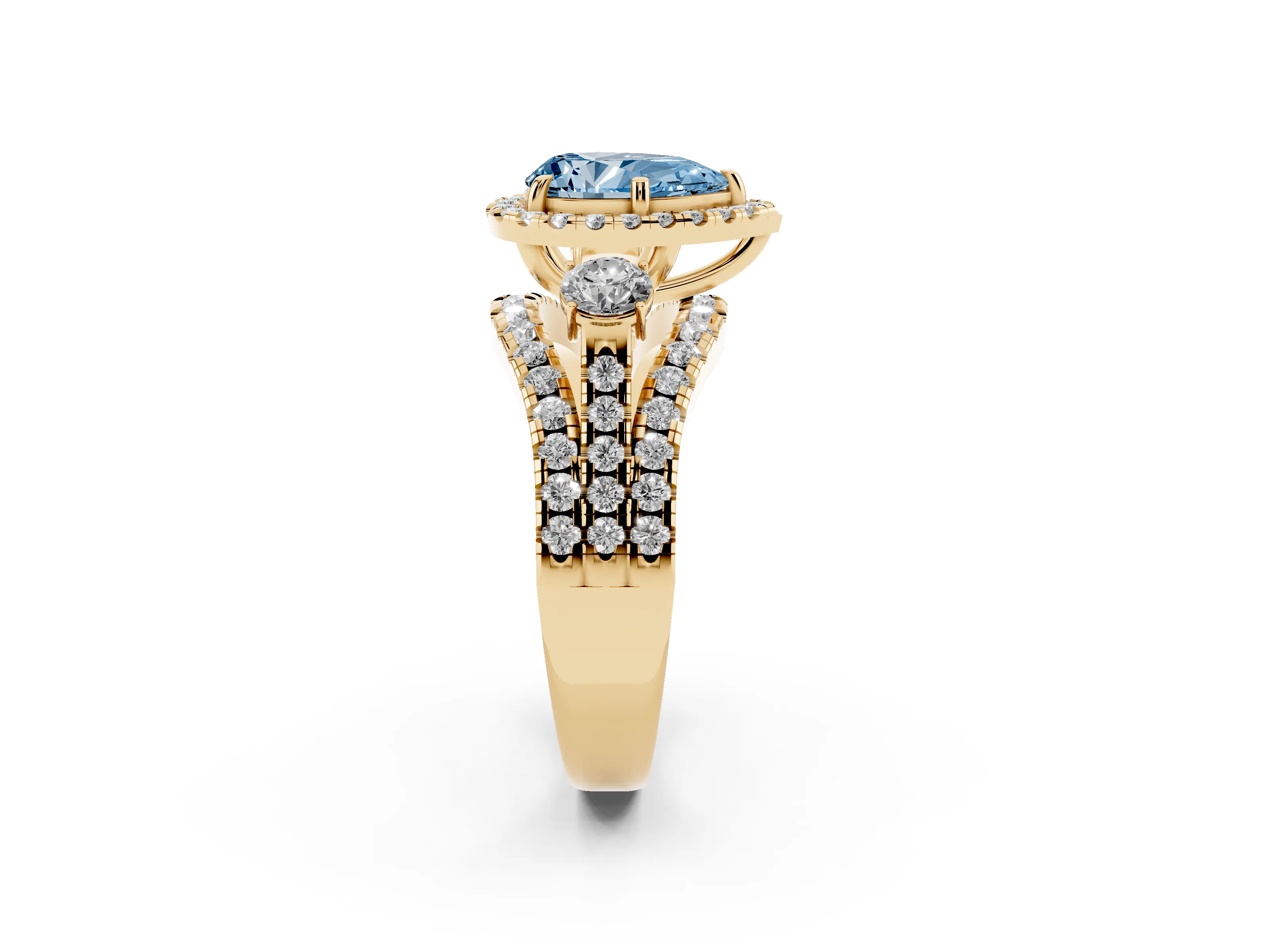 Fancy Blue Pear Cut Diamond Halo Split Shank Ring Set in Yellow gold with Round Accent Stones and Prong Setting