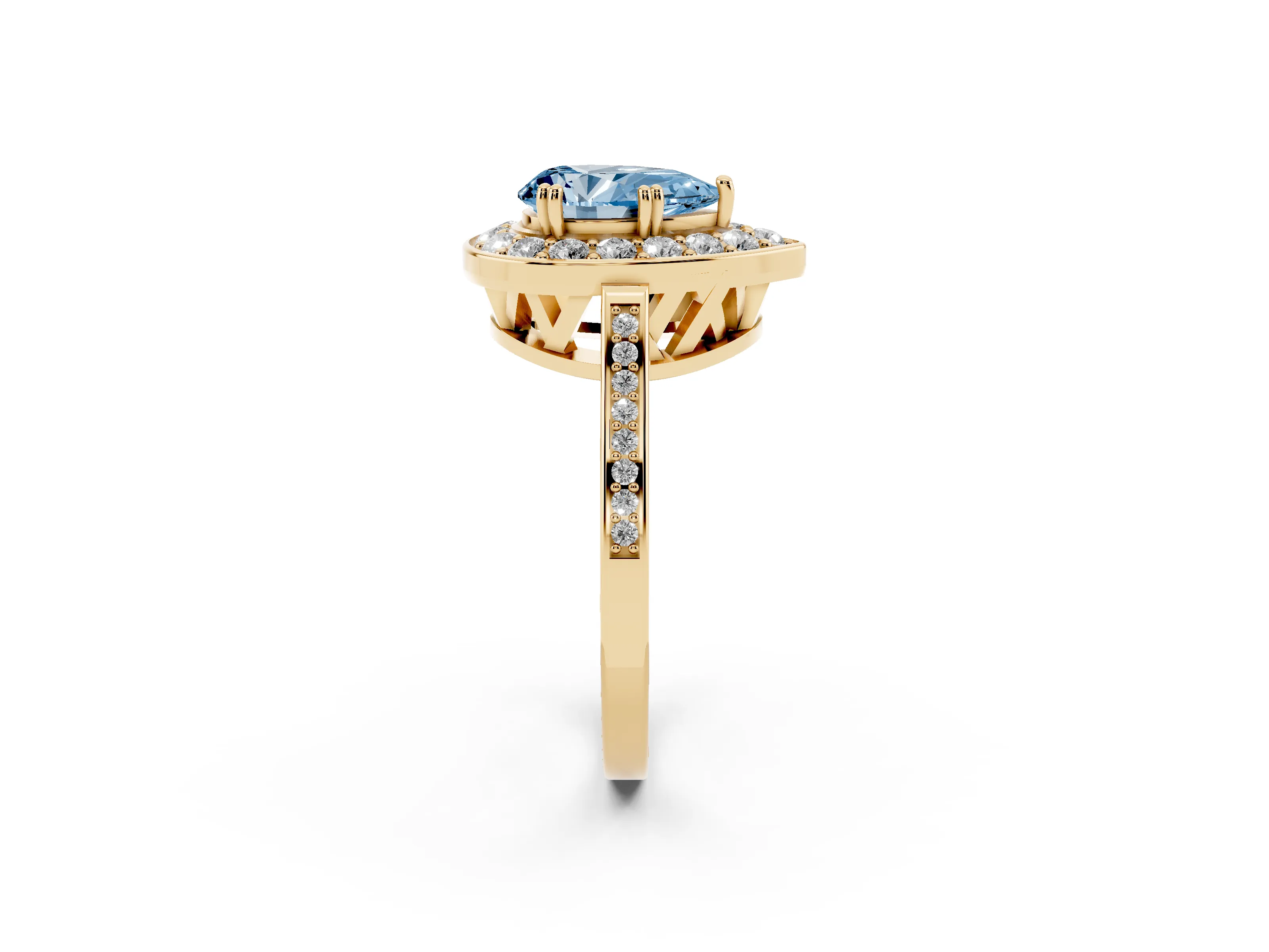 Fancy Blue Pear Cut Diamond Halo Ring Set in Yellow gold with Accent-Lined Split Shank and Prong Setting