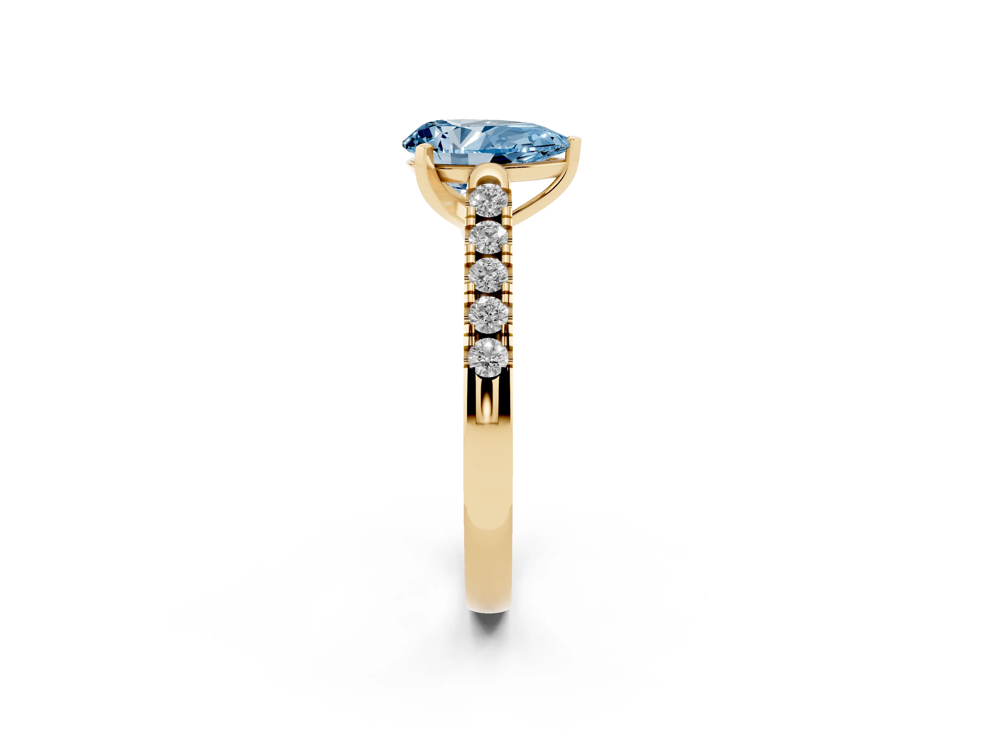 Fancy Blue Pear Cut Diamond Pavé Band Solitaire Ring Set in Yellow gold with Partway Accent Stones and Prong Setting